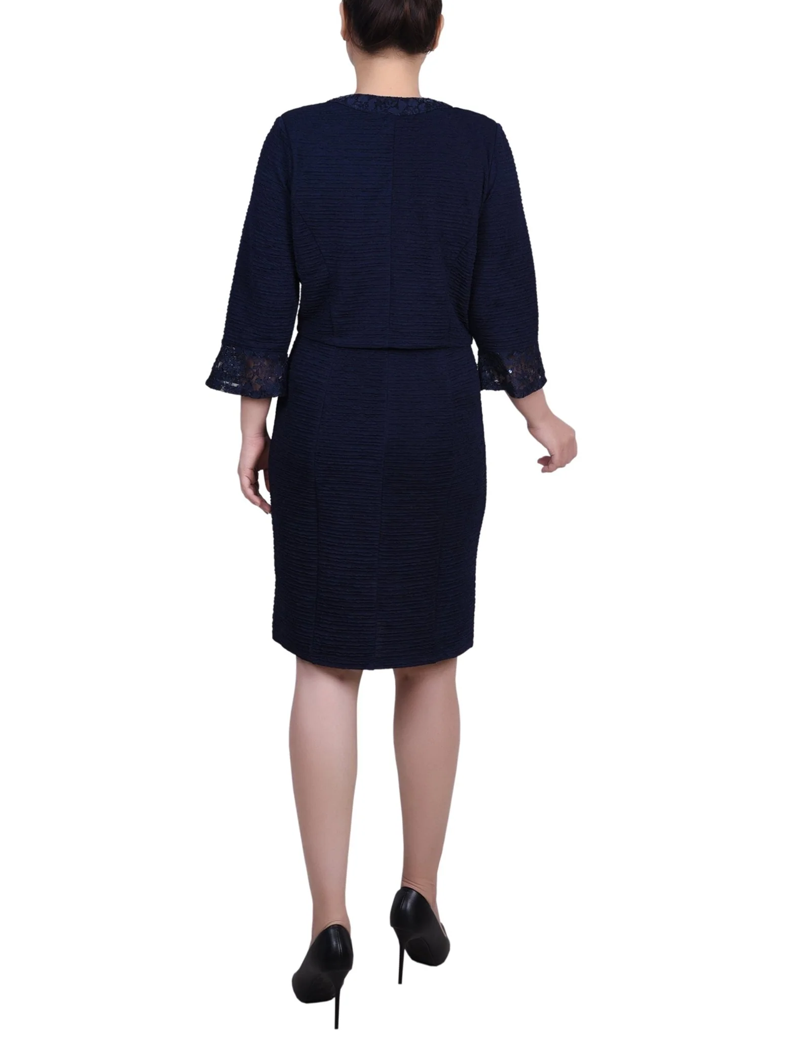 Navy Two Piece Novelty Knit and Lace Dress Set - Petite - Image 3