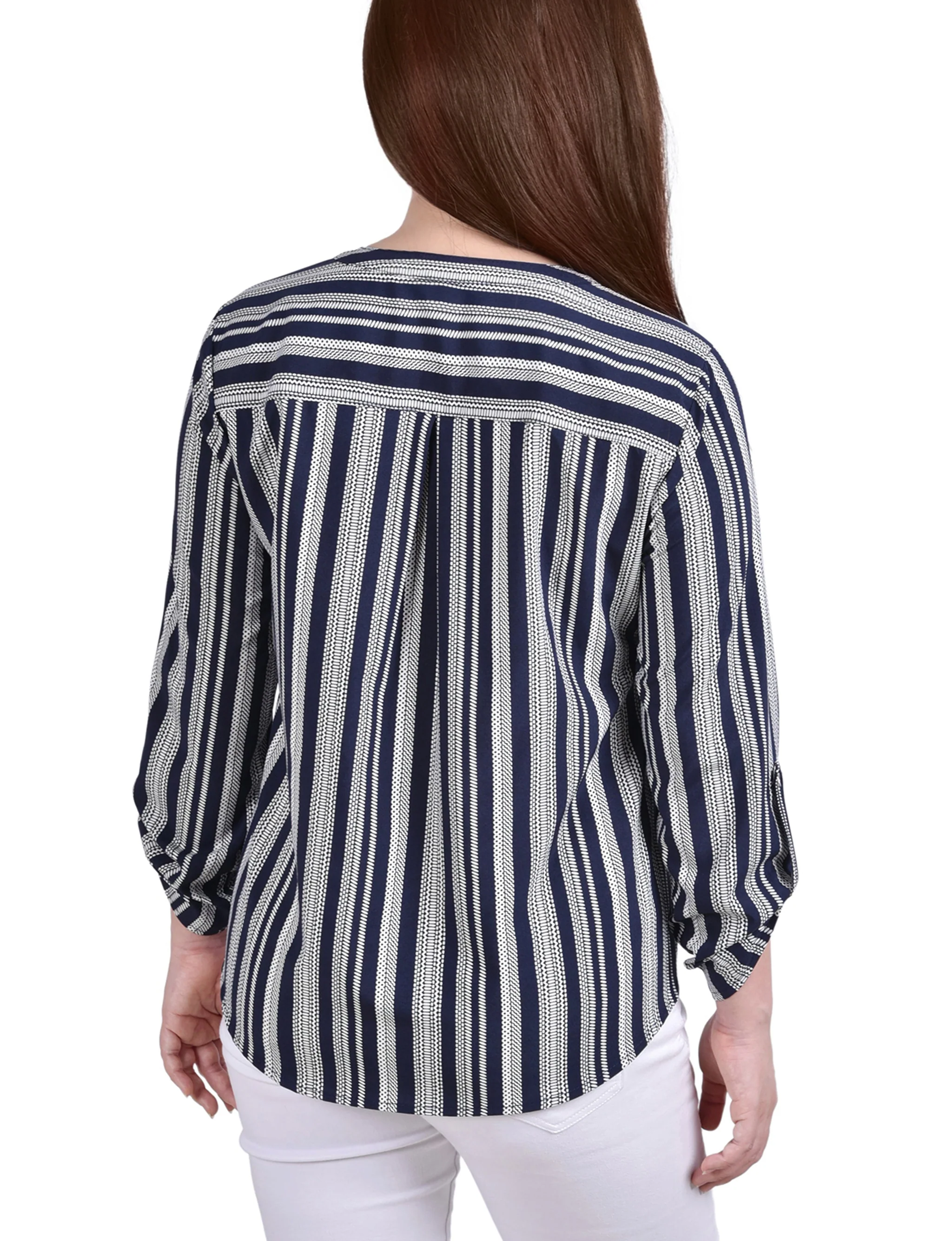 Navy White Stripe 3/4 Roll Tab Sleeve Mandarin Collar Blouse - Petite - Image 4