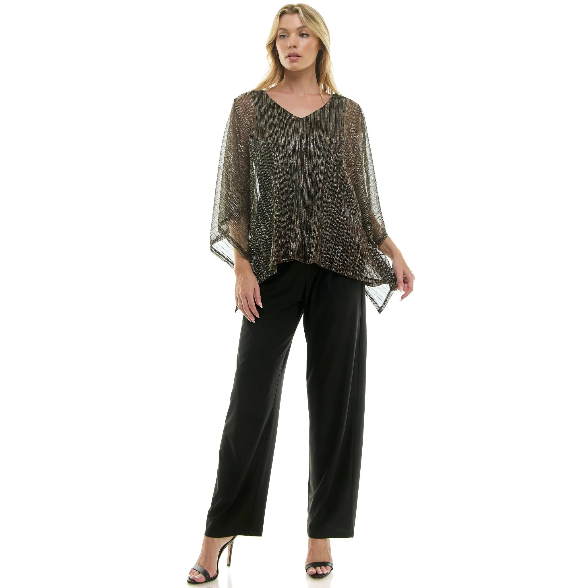 Novelty Trim Cold Shoulder Poncho Pant Set - Image 2