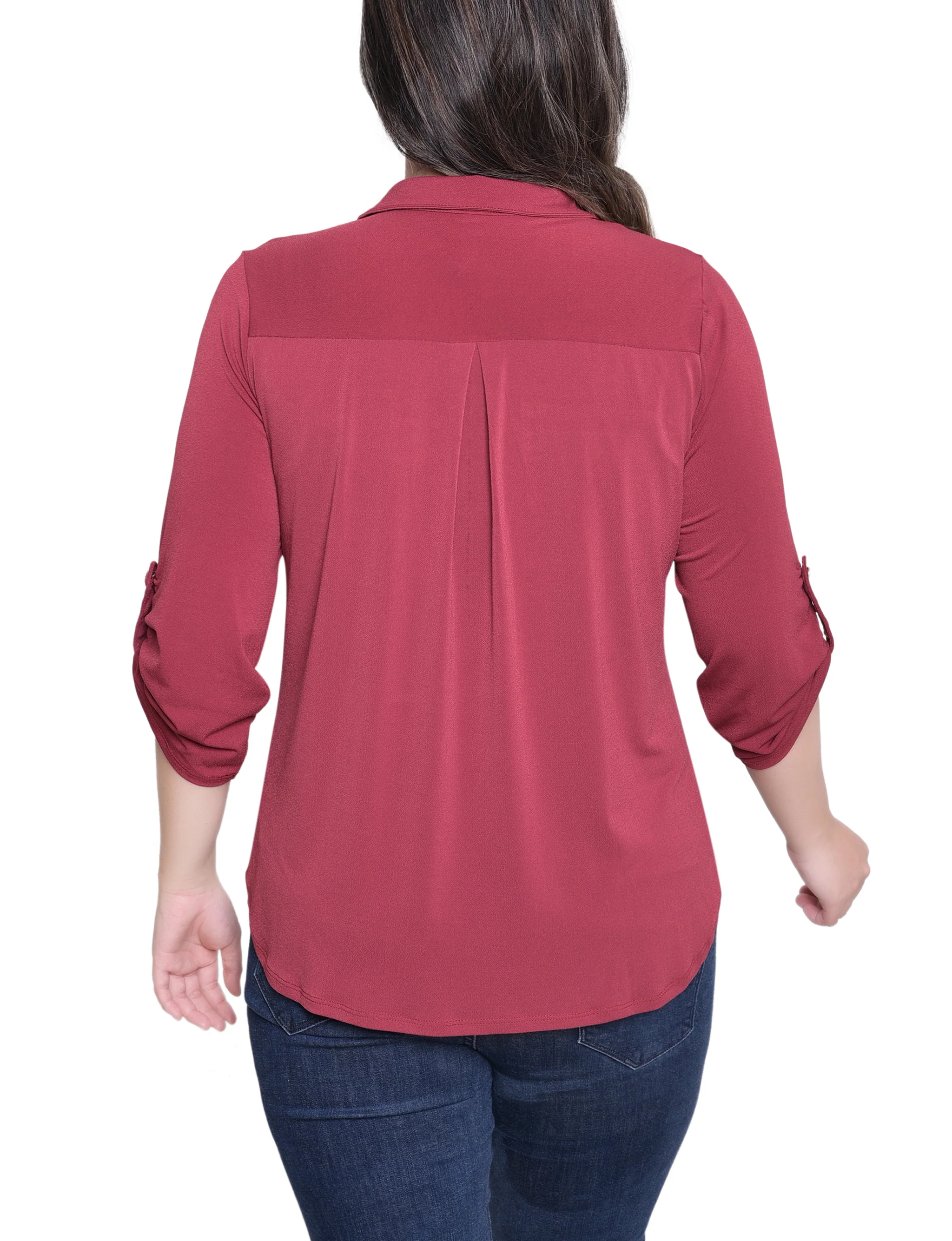 NY Collection Missy 3/4 Roll Tab Zip Front Top - Burgandy - Image 4