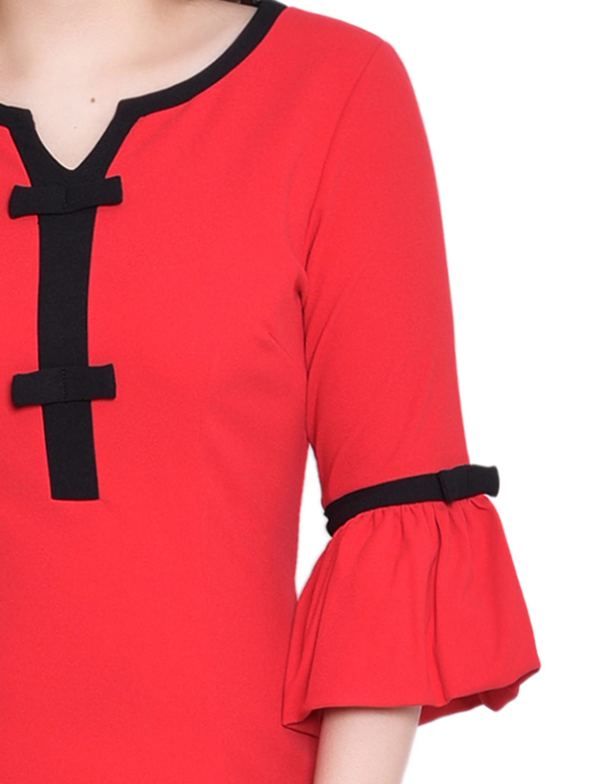 NY Collection Missy 3/4 Sleeve Contrast Detail Dress - Fire Red Black - Image 3