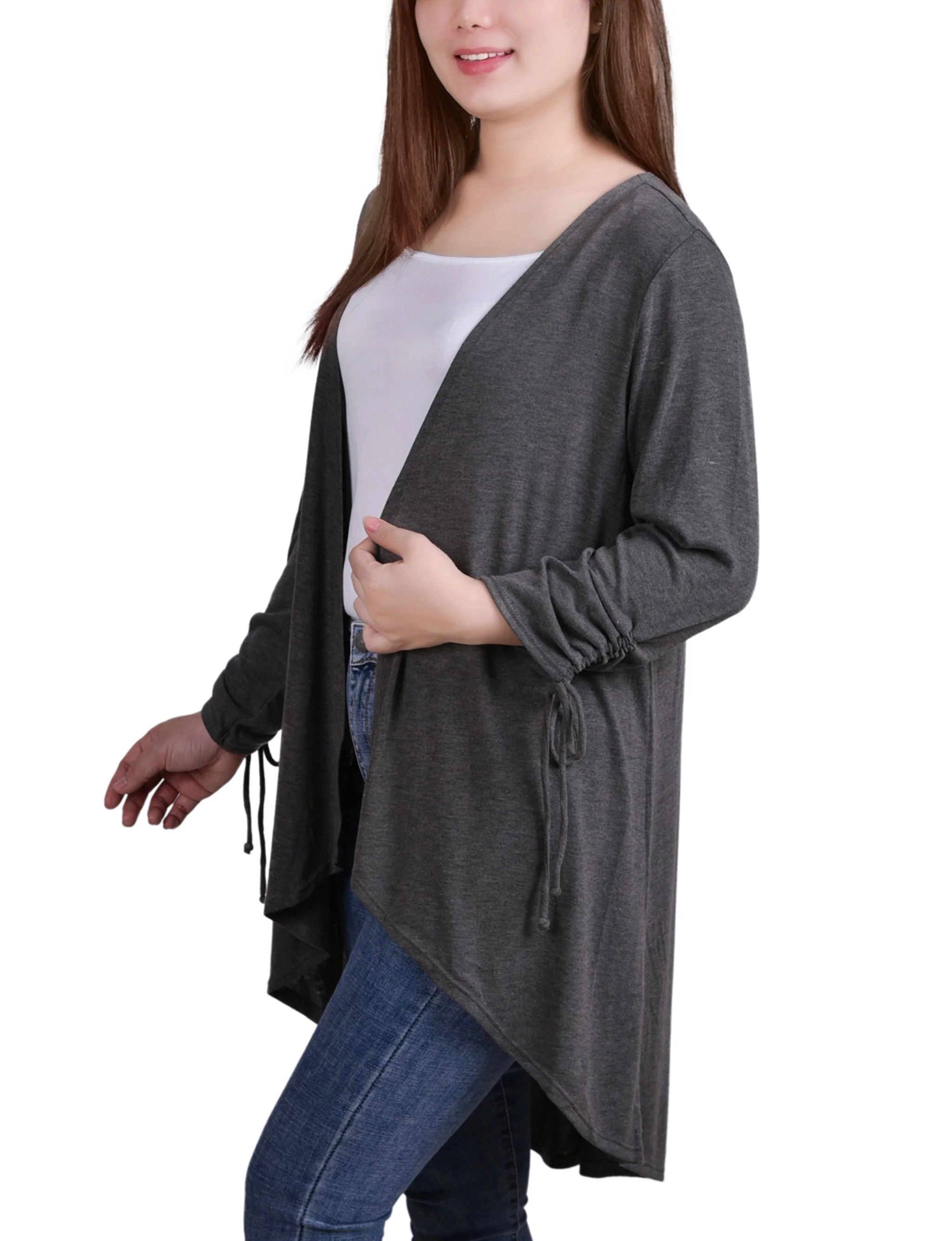 NY Collection Missy Long Sleeve Hi Lo Hem Cardigan - Dark Heather - Image 2
