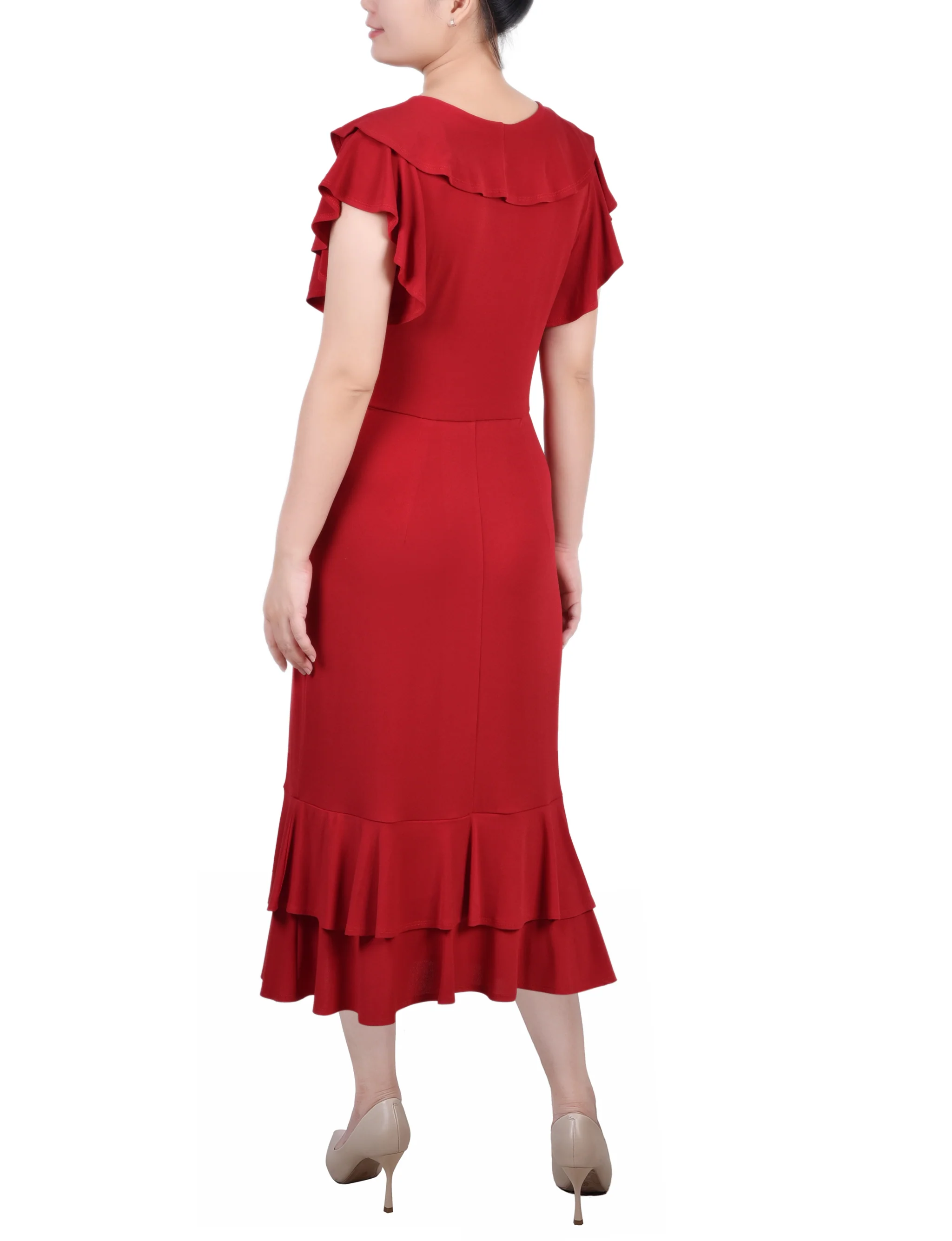 NY Collection Missy Short flutter Sleeve Ruffle Neck Dress - Red - Image 4