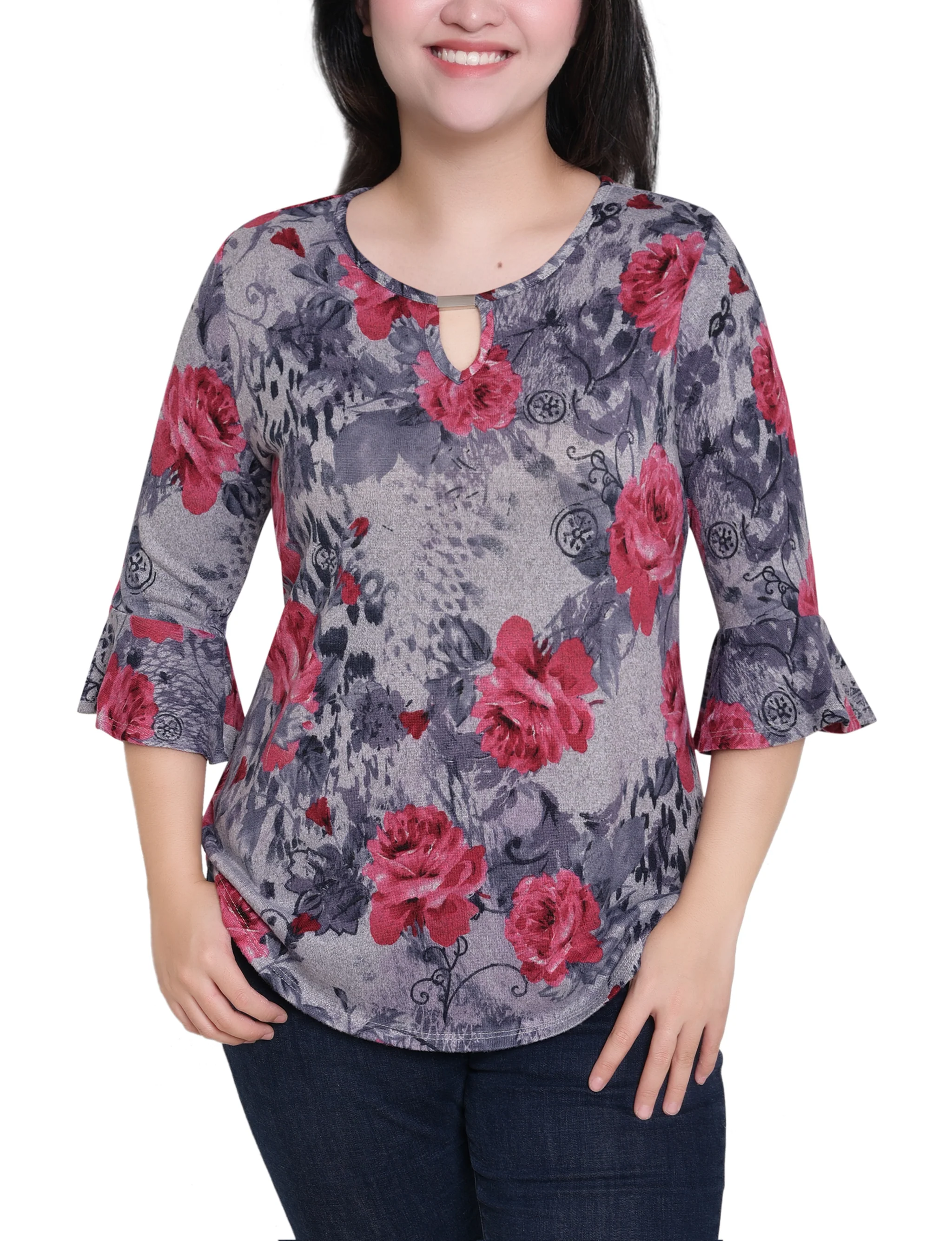 NY Collection Petite 3/4 Bell Sleeve Top With Hardware - Image 5