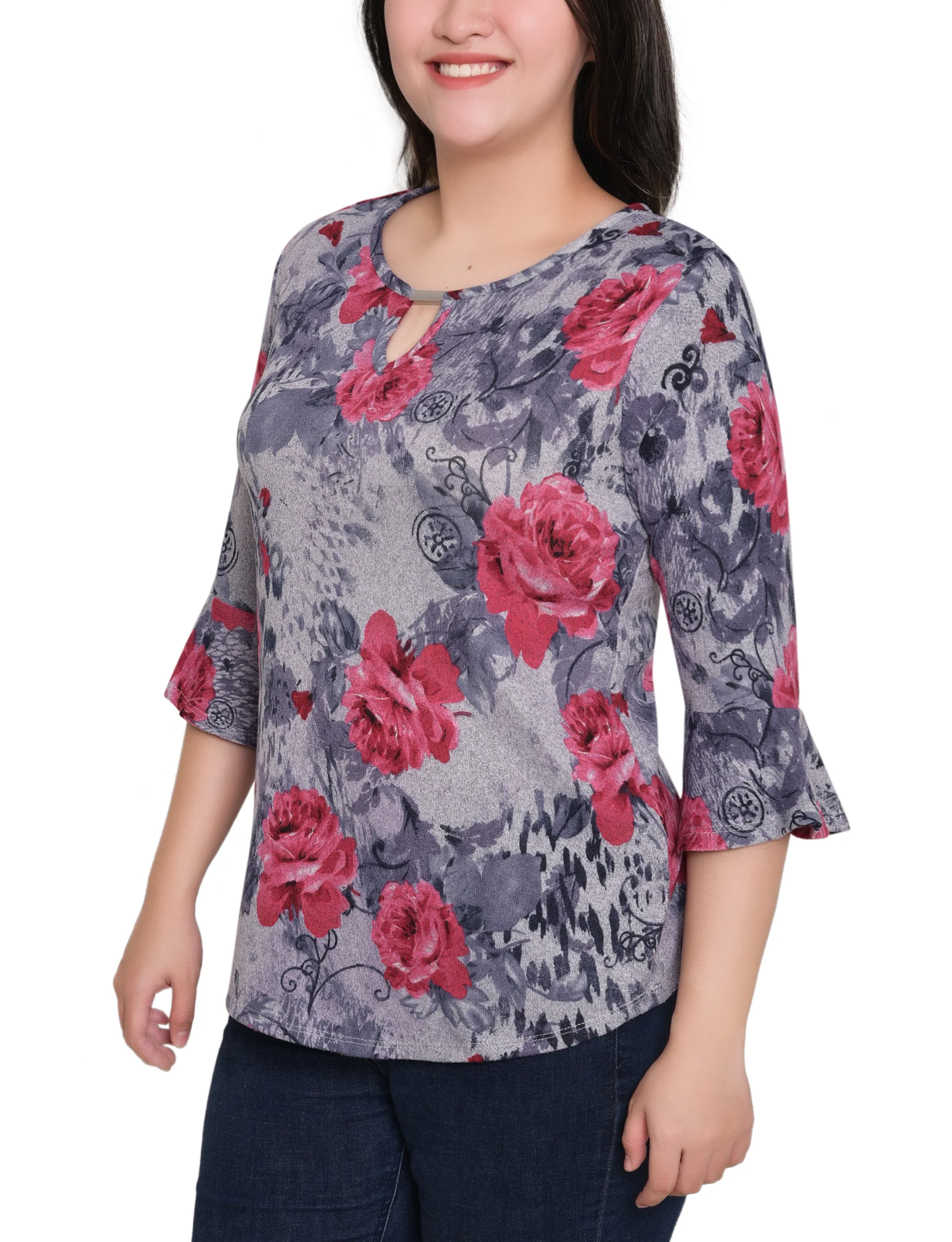 NY Collection Petite 3/4 Bell Sleeve Top With Hardware - Image 7