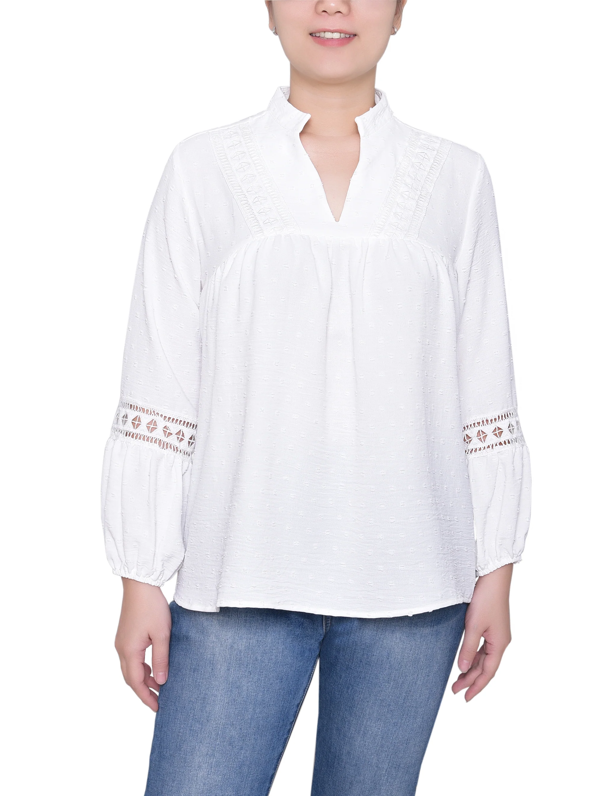NY Collection Petite Long Sleeve Blouse With Crochet Trim - Image 5
