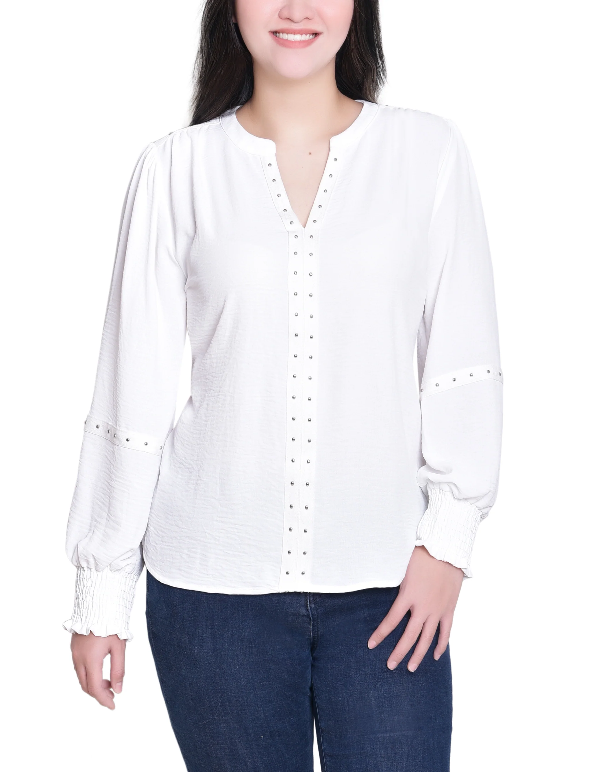 NY Collection Petite Long Sleeve Studded Blouse - Image 5