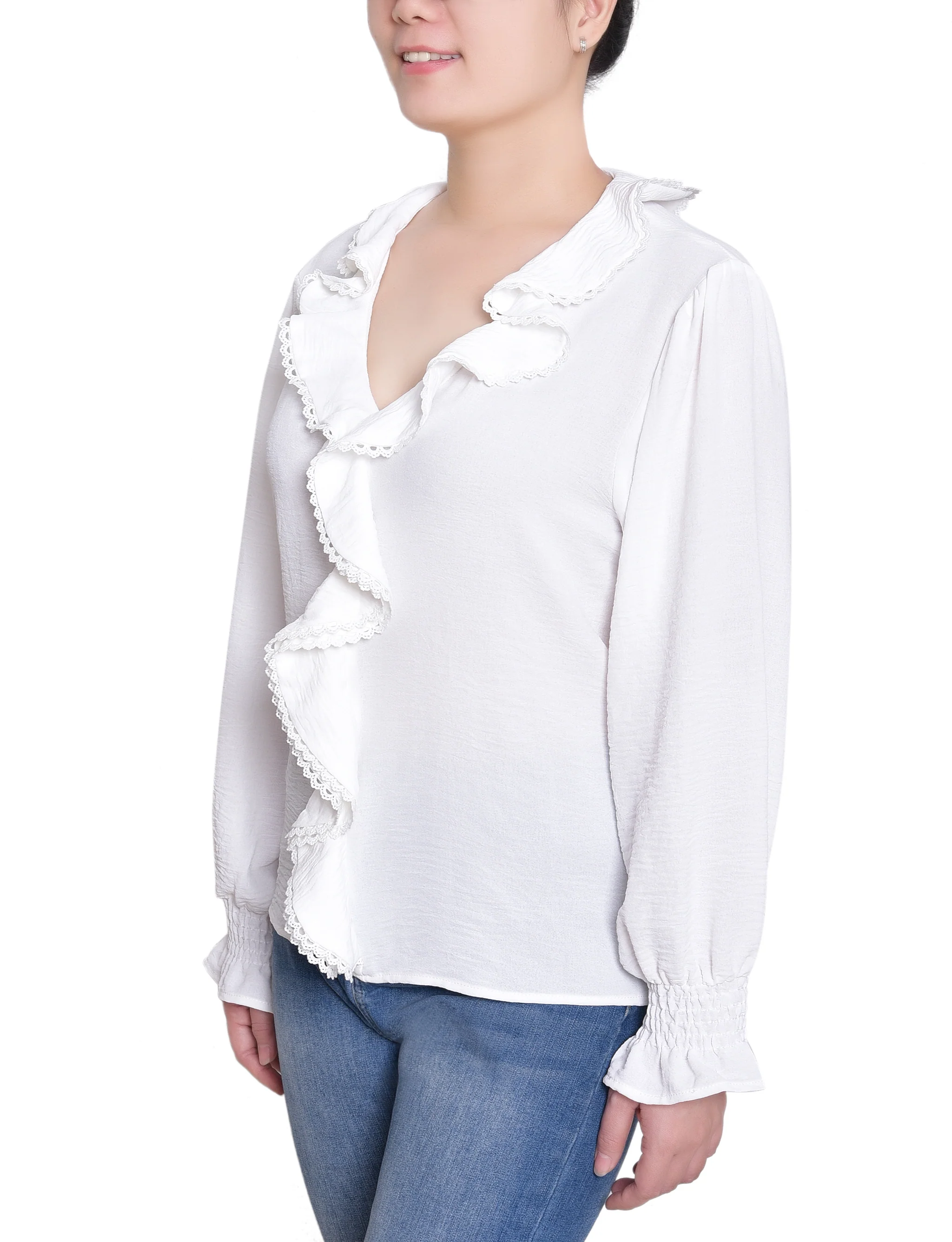 NY Collection Petite Short Sleeve Ruffle Front Blouse - Image 3