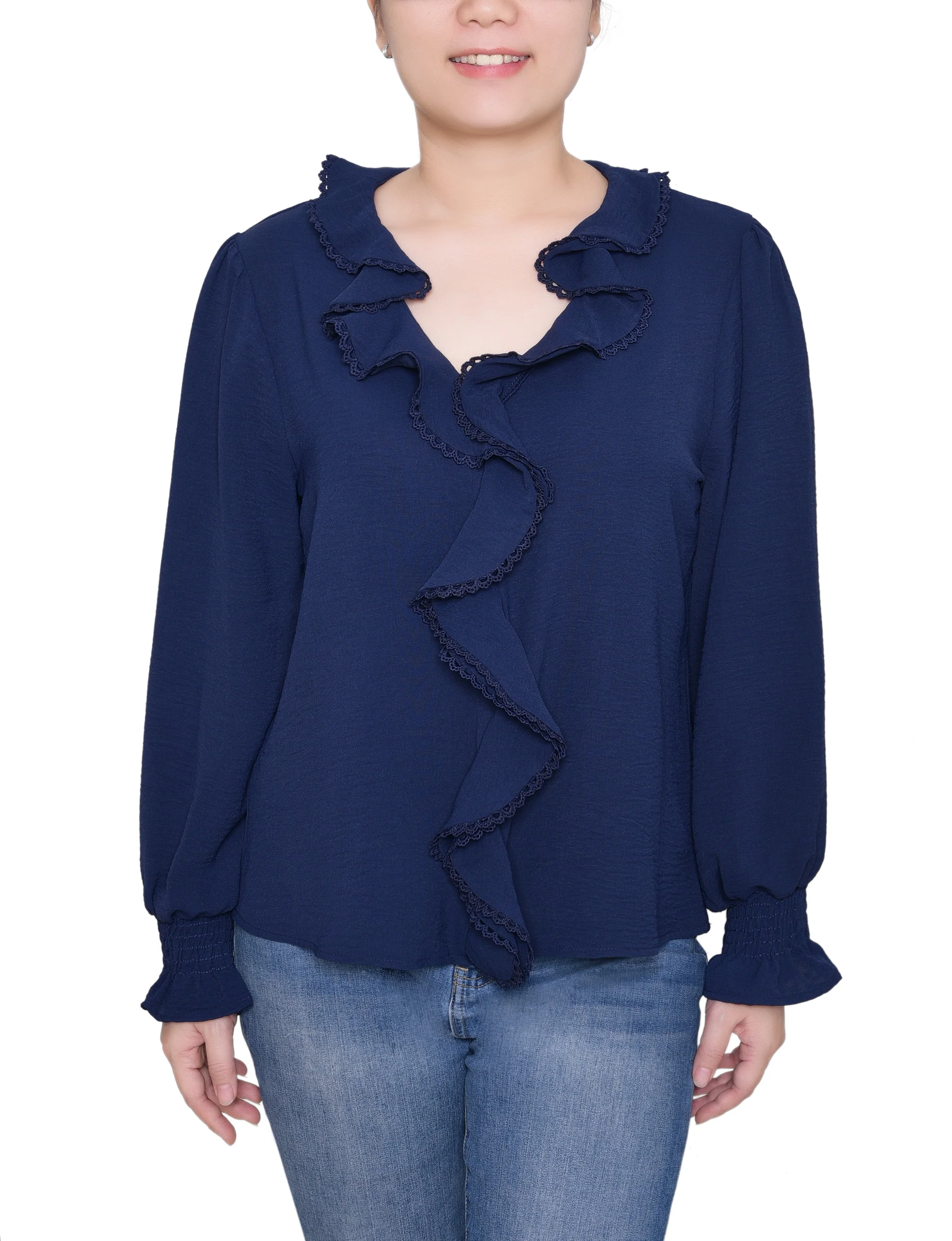 NY Collection Petite Short Sleeve Ruffle Front Blouse - Image 5