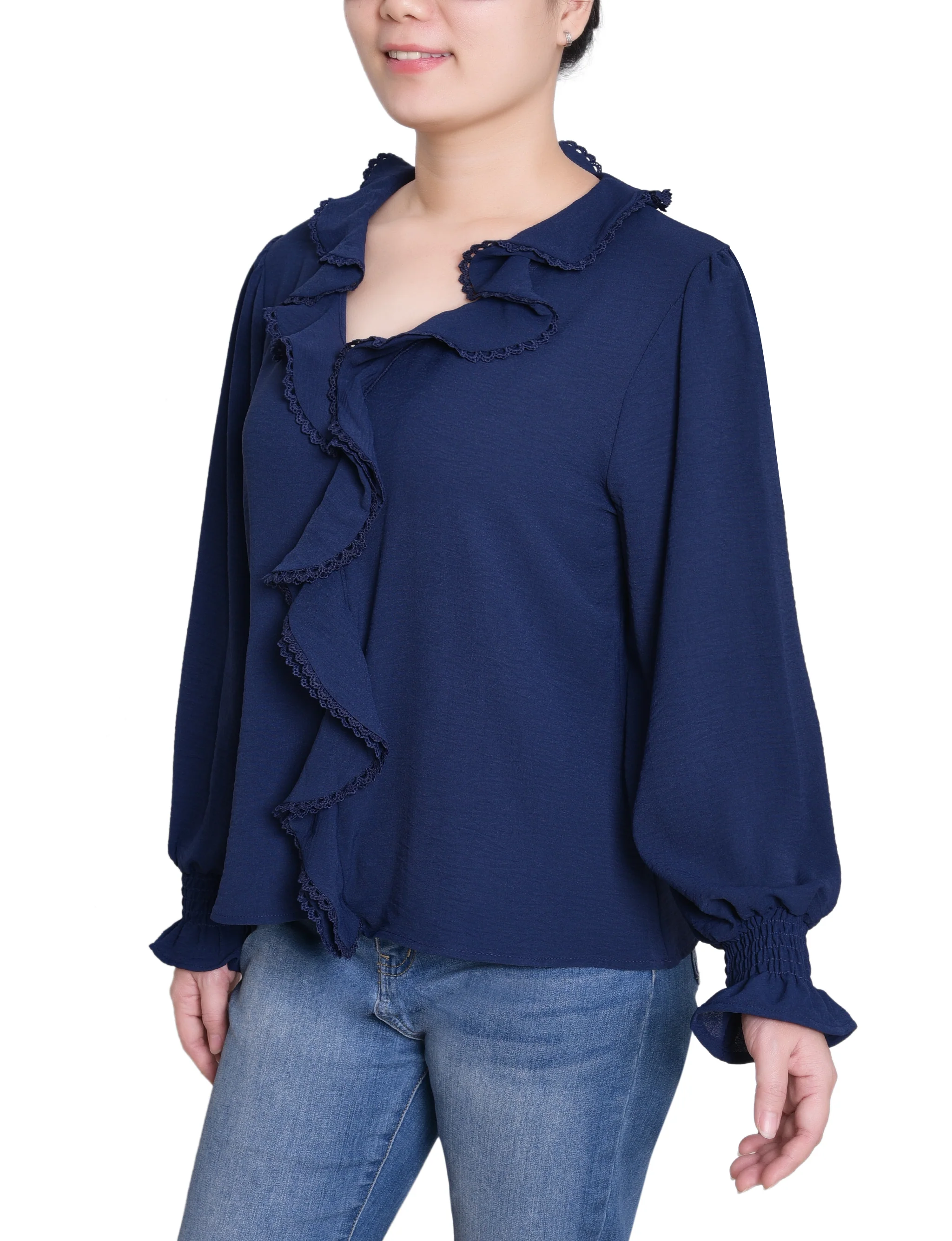 NY Collection Petite Short Sleeve Ruffle Front Blouse - Image 7