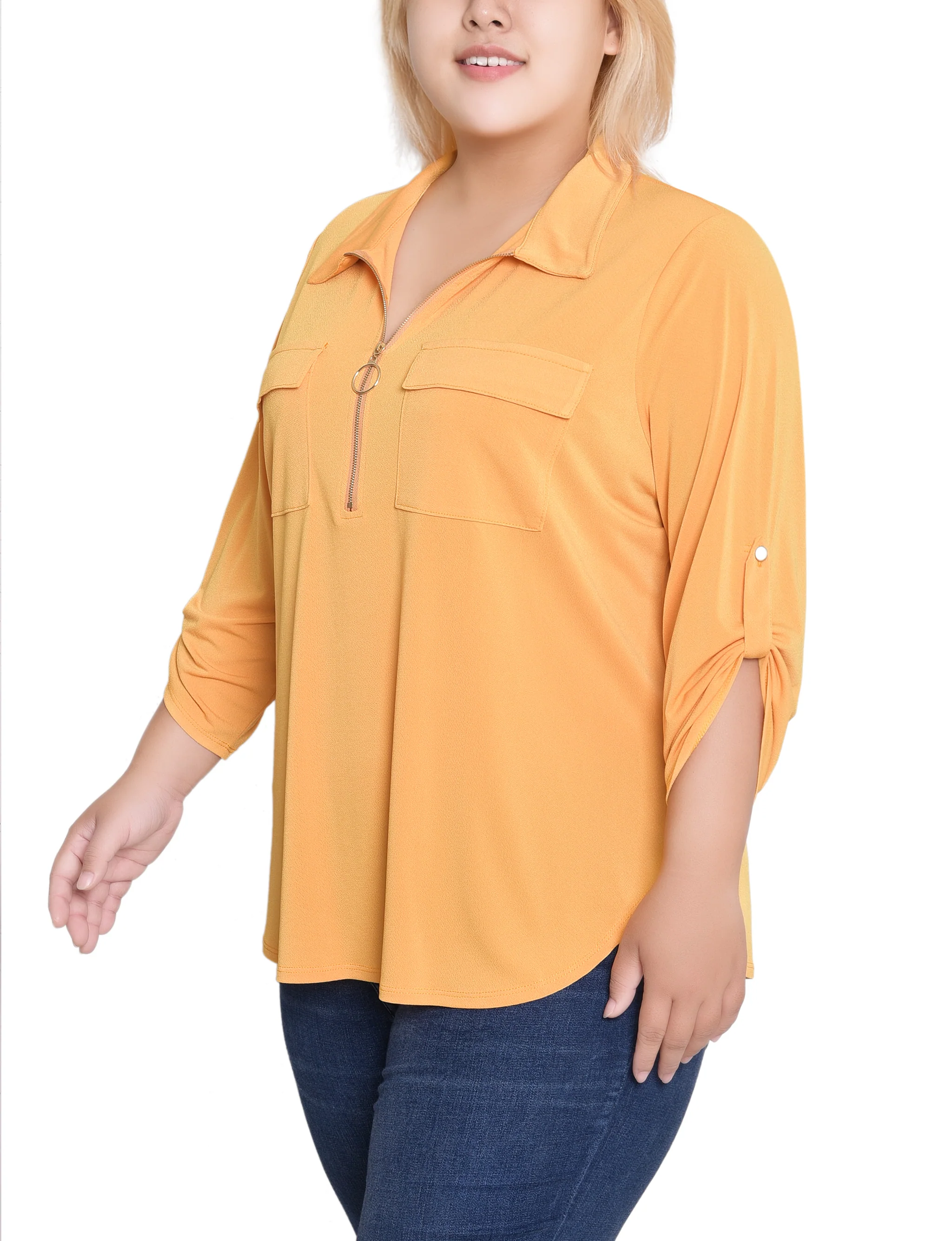 NY Collection Plus Size 3/4 Roll Tab Zip Front Top - Golden Glow - Image 2