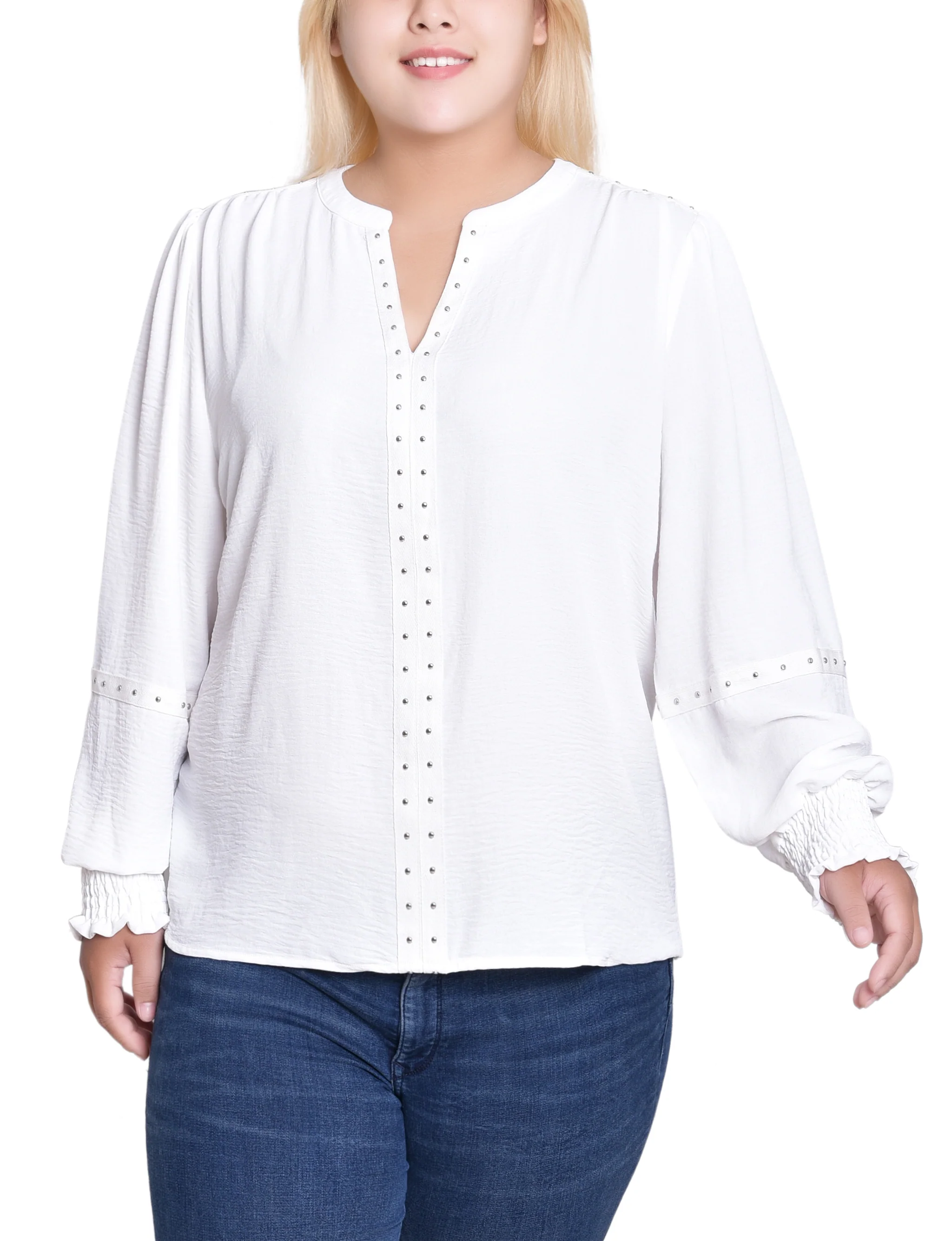 NY Collection Plus Size Long Sleeve Studded Blouse - Image 5