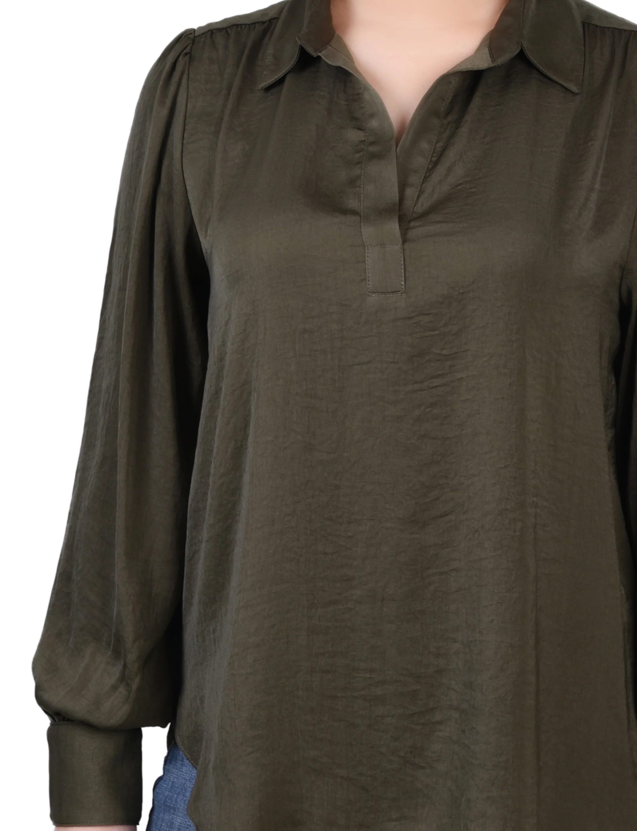 Olive Long Puff Sleeve Satin Blouse - Image 3