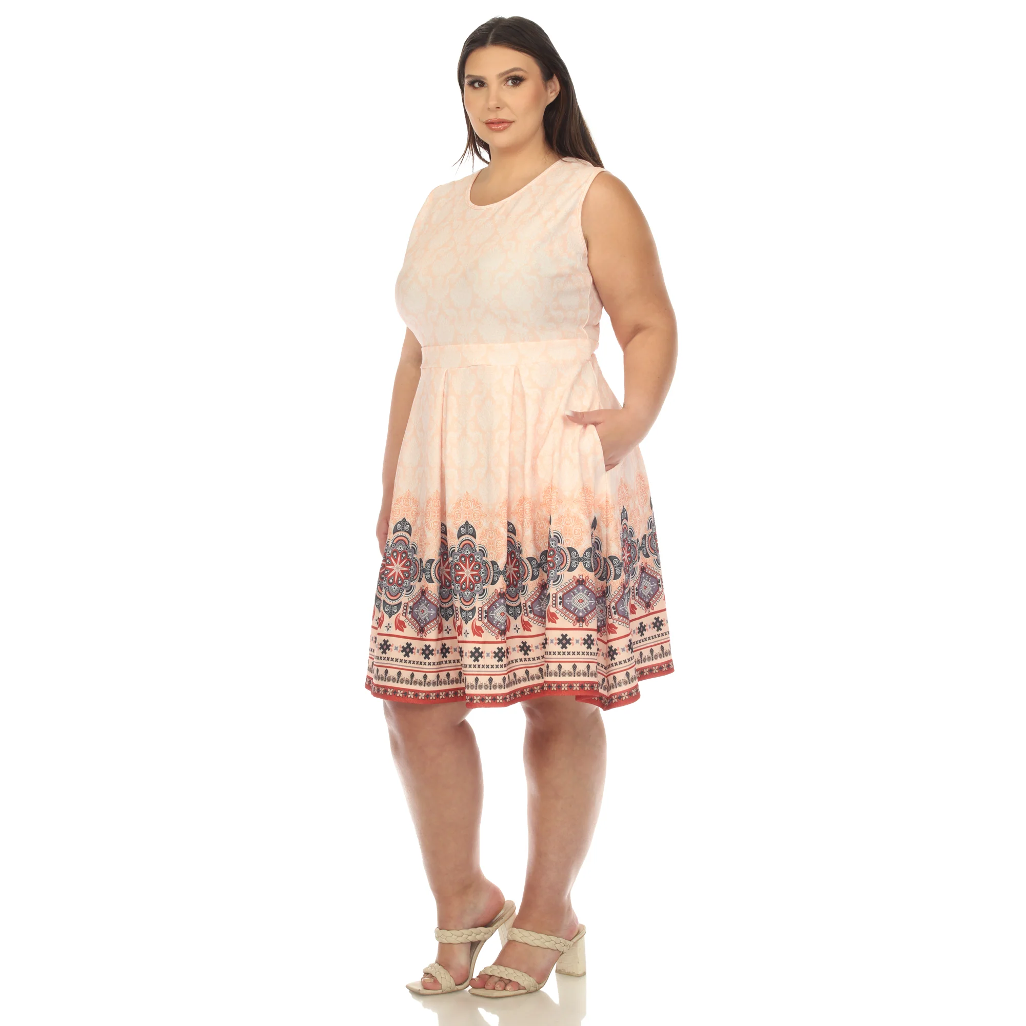 Orange Border Print Fit and Flare Knee Length Dress - Plus - Image 2