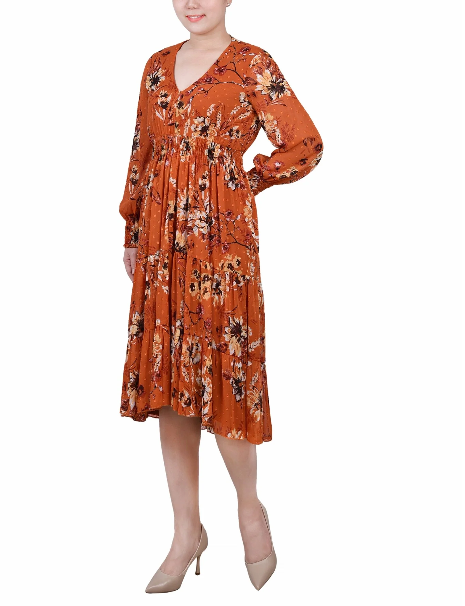 Orange Hauppage Long Sleeve Clip Dot Chiffon Dress With Smocked Waist and Cuffs - Image 2