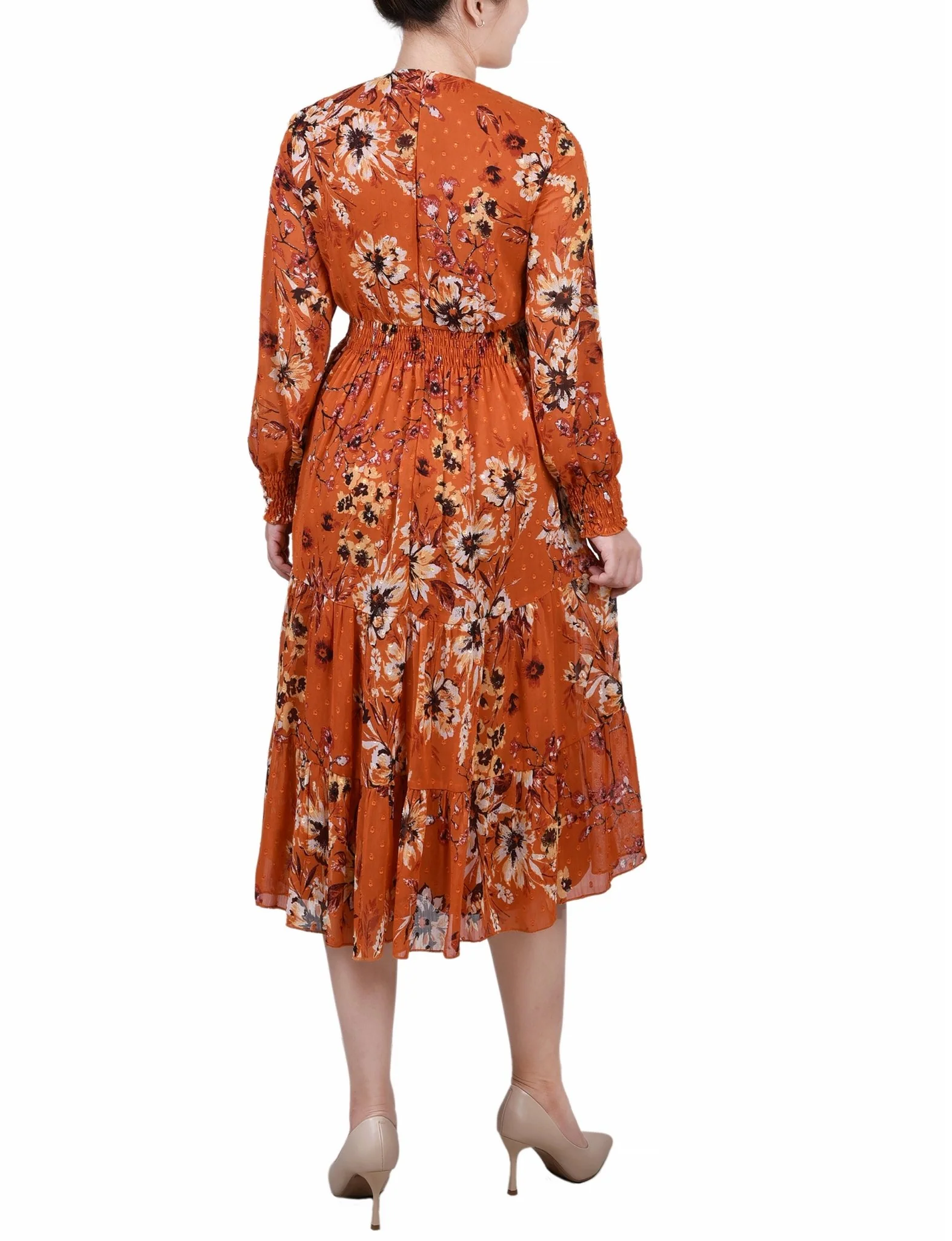 Orange Hauppage Long Sleeve Clip Dot Chiffon Dress With Smocked Waist and Cuffs - Image 3