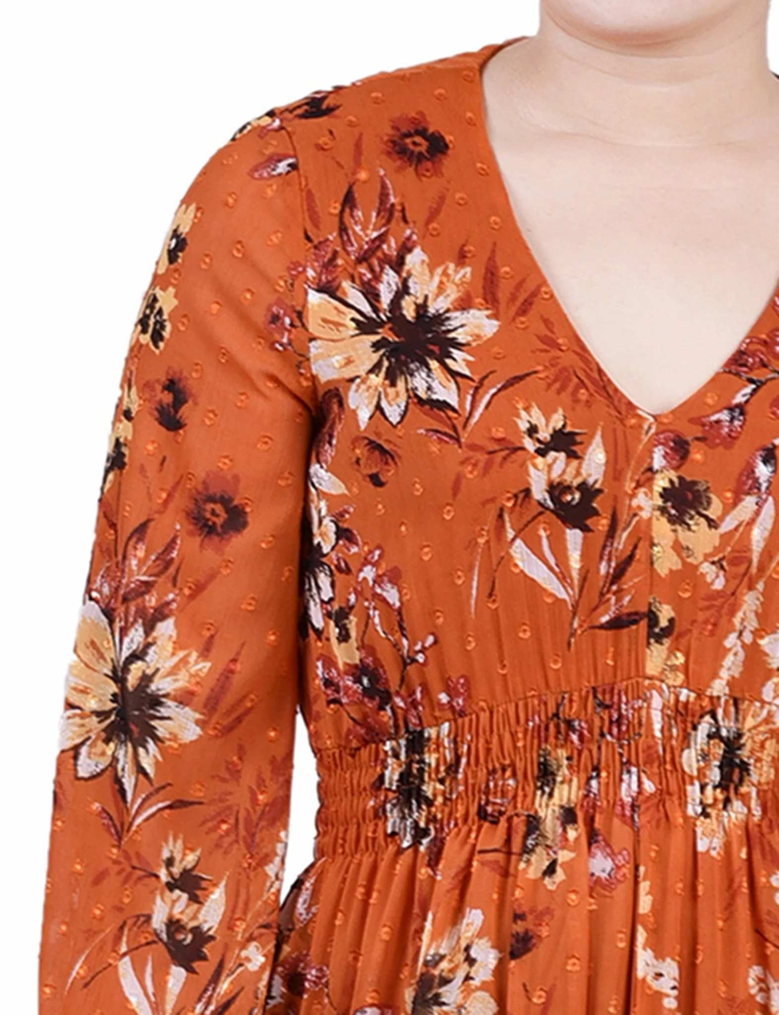 Orange Hauppage Long Sleeve Clip Dot Chiffon Dress With Smocked Waist and Cuffs - Image 4
