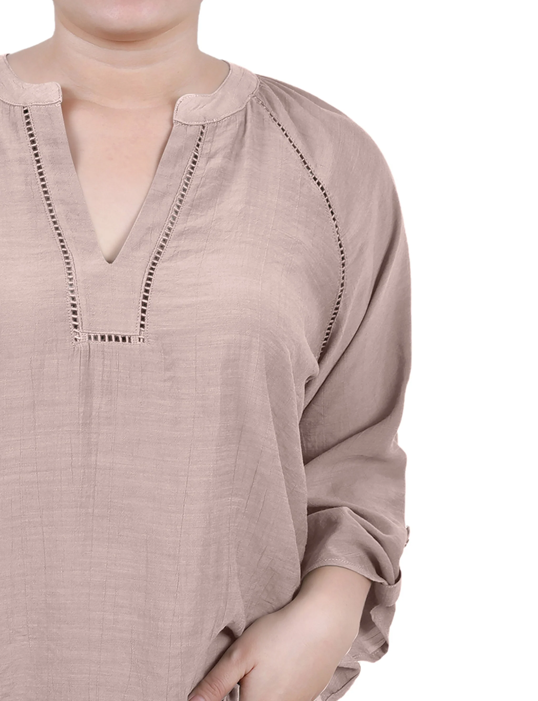 Oxford Tan Raglan Sleeve Split Neck Blouse - Image 3