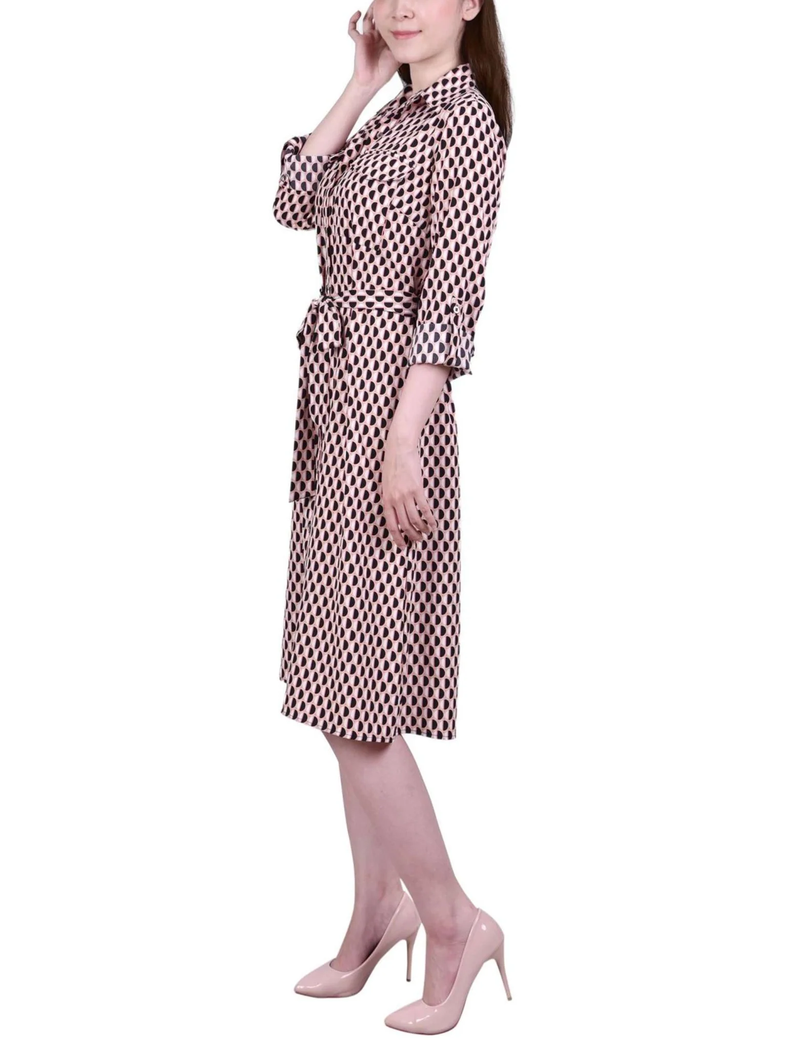 Peach Amber Geo 3/4 Roll Tab Sleeve Belted Shirtdress - Petite - Image 2