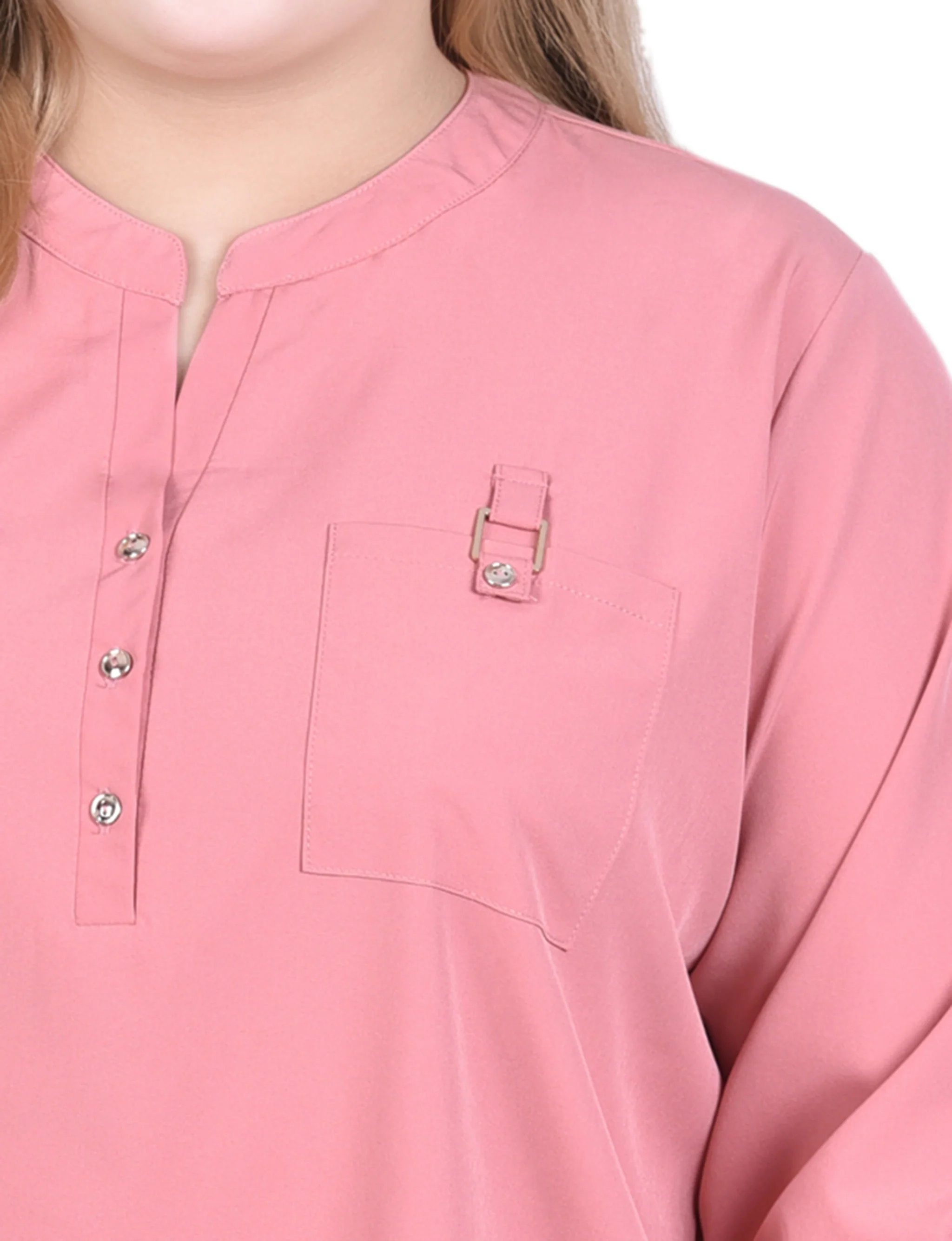 Pink 3/4 Tabbed Sleeve Y Neck Blouse - Plus Size - Image 3