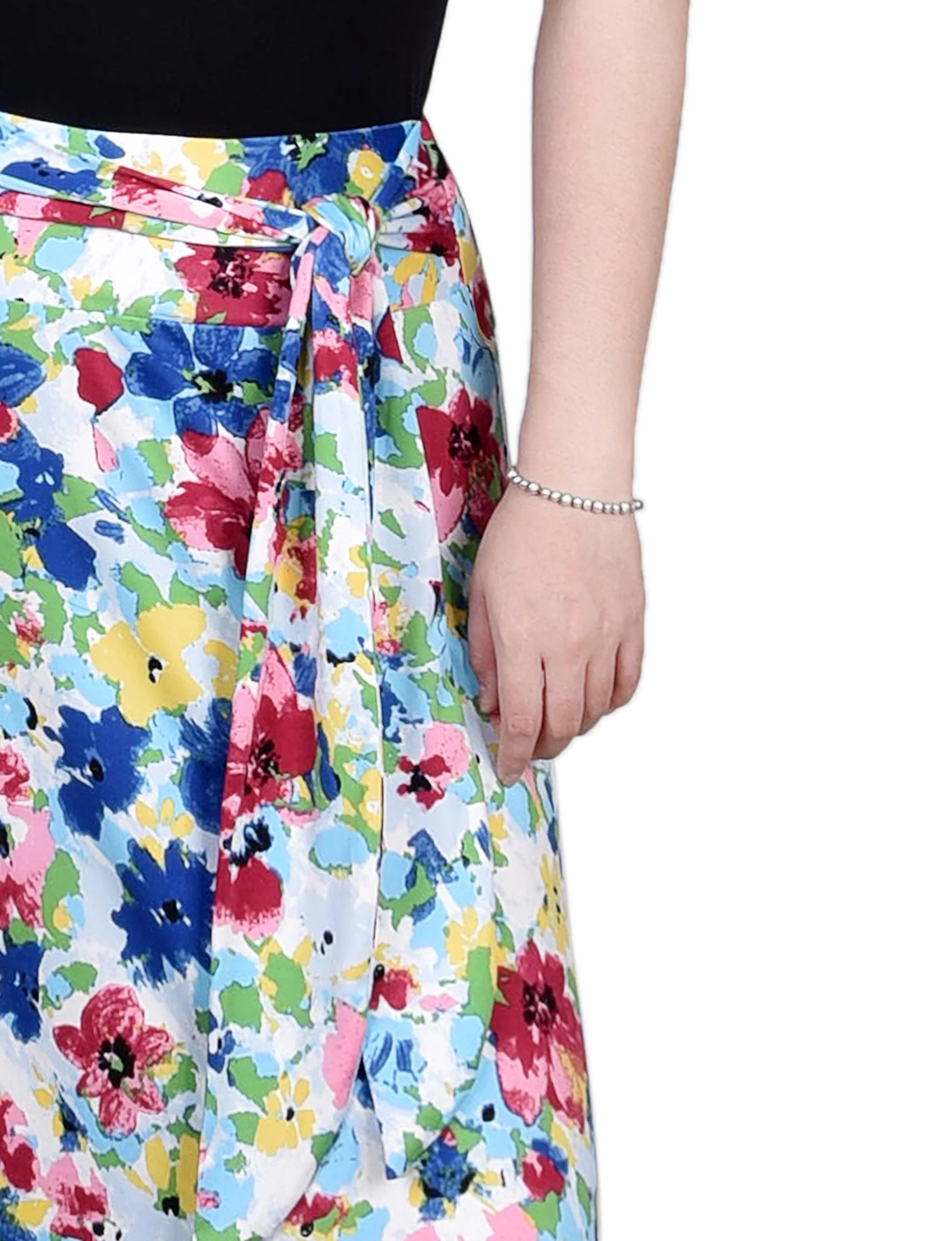Pink Blue Flowers Maxi Skirt With Sash Waist Tie - Image 2