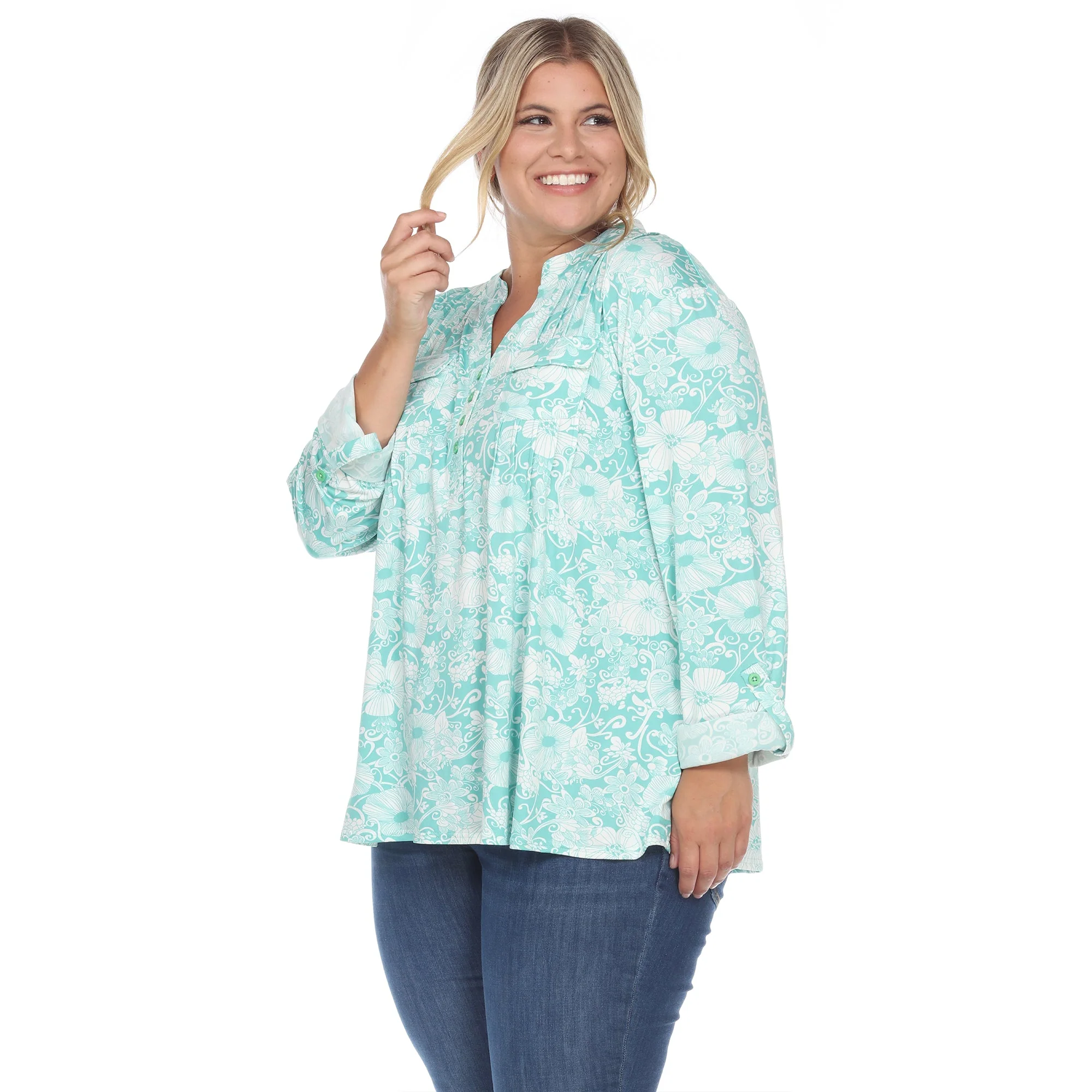 Pleated Long Sleeve Floral Print Blouse - Plus - Image 22