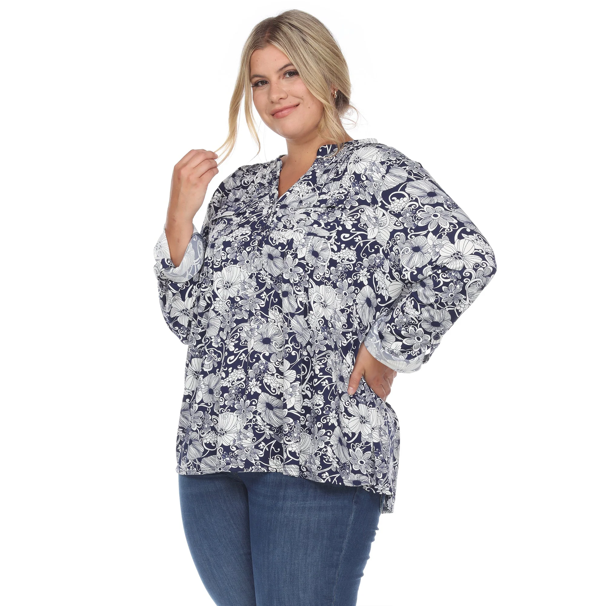 Pleated Long Sleeve Floral Print Blouse - Plus - Image 4