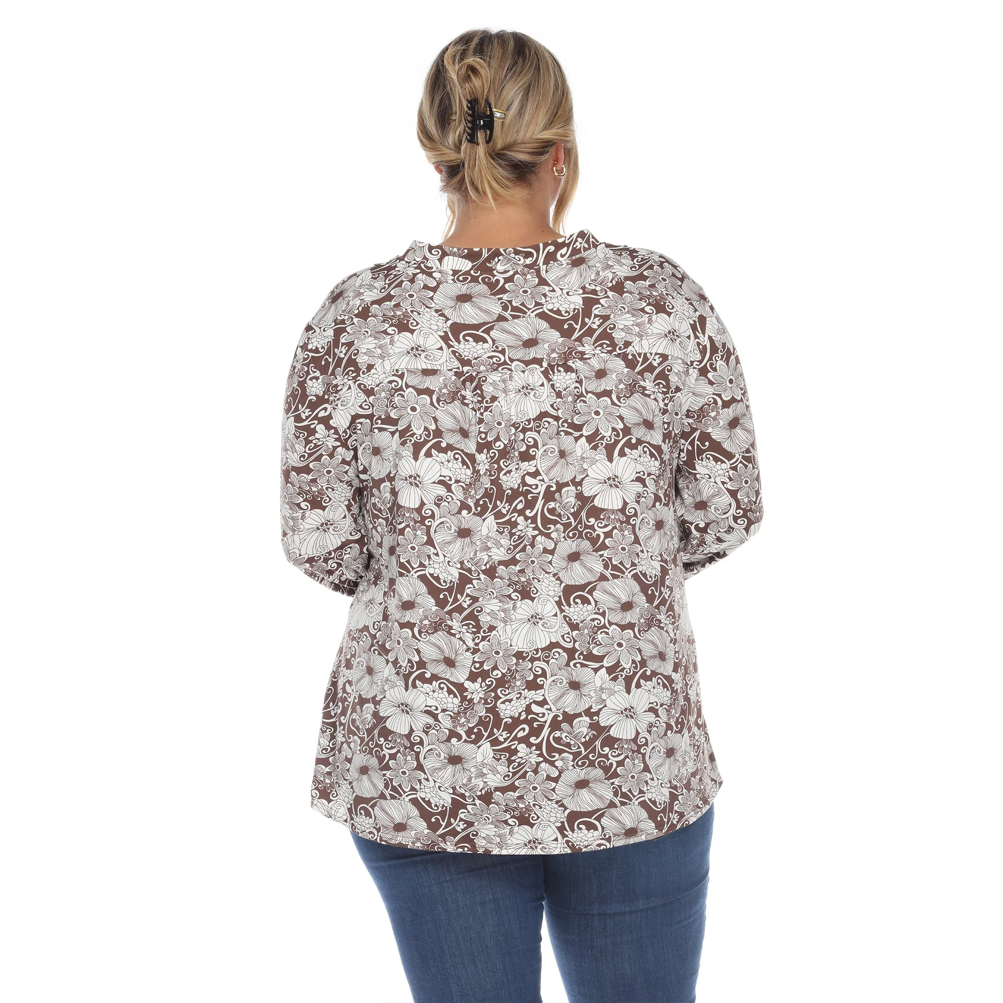Pleated Long Sleeve Floral Print Blouse - Plus - Image 8