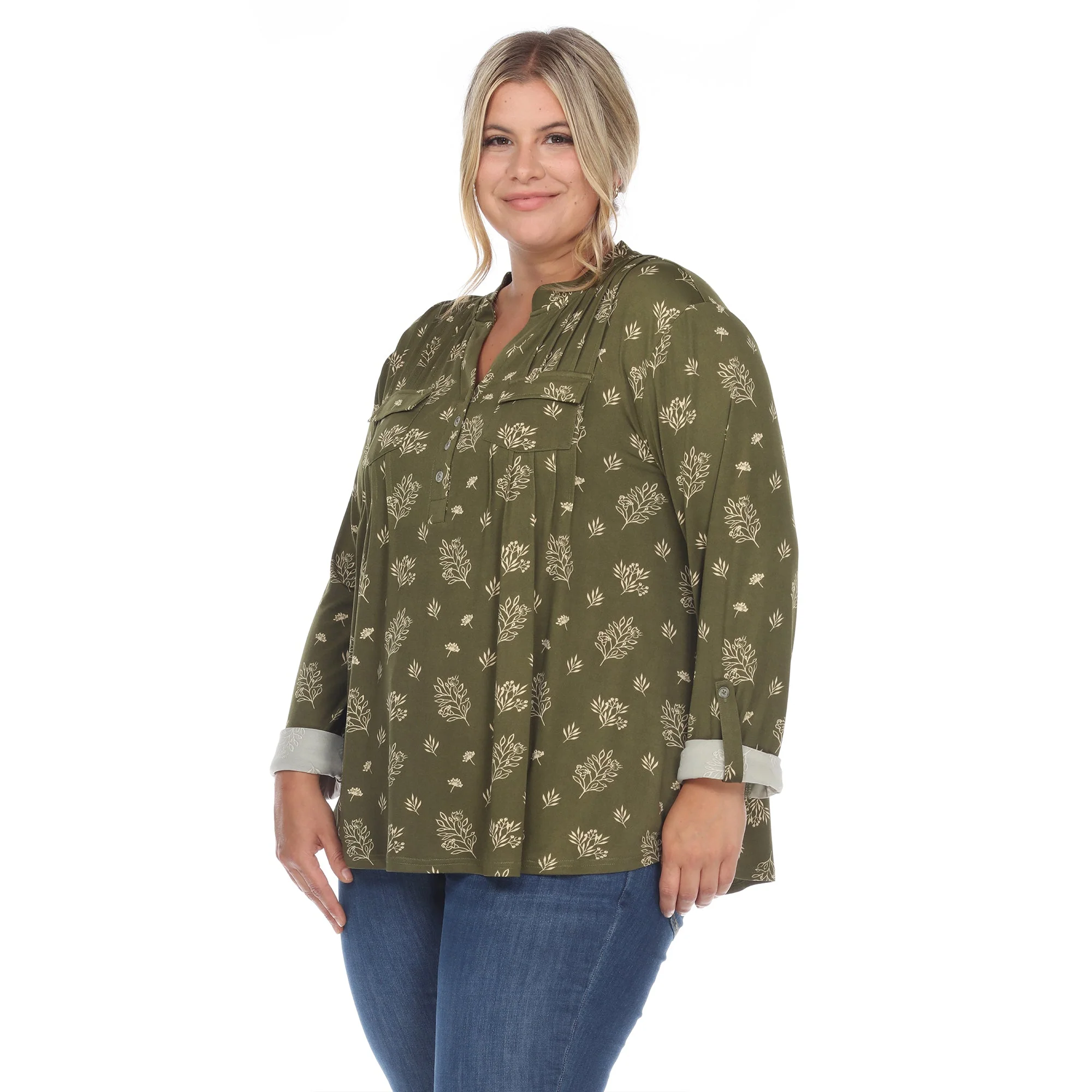 Pleated Long Sleeve Leaf Print Blouse - Plus - Image 12