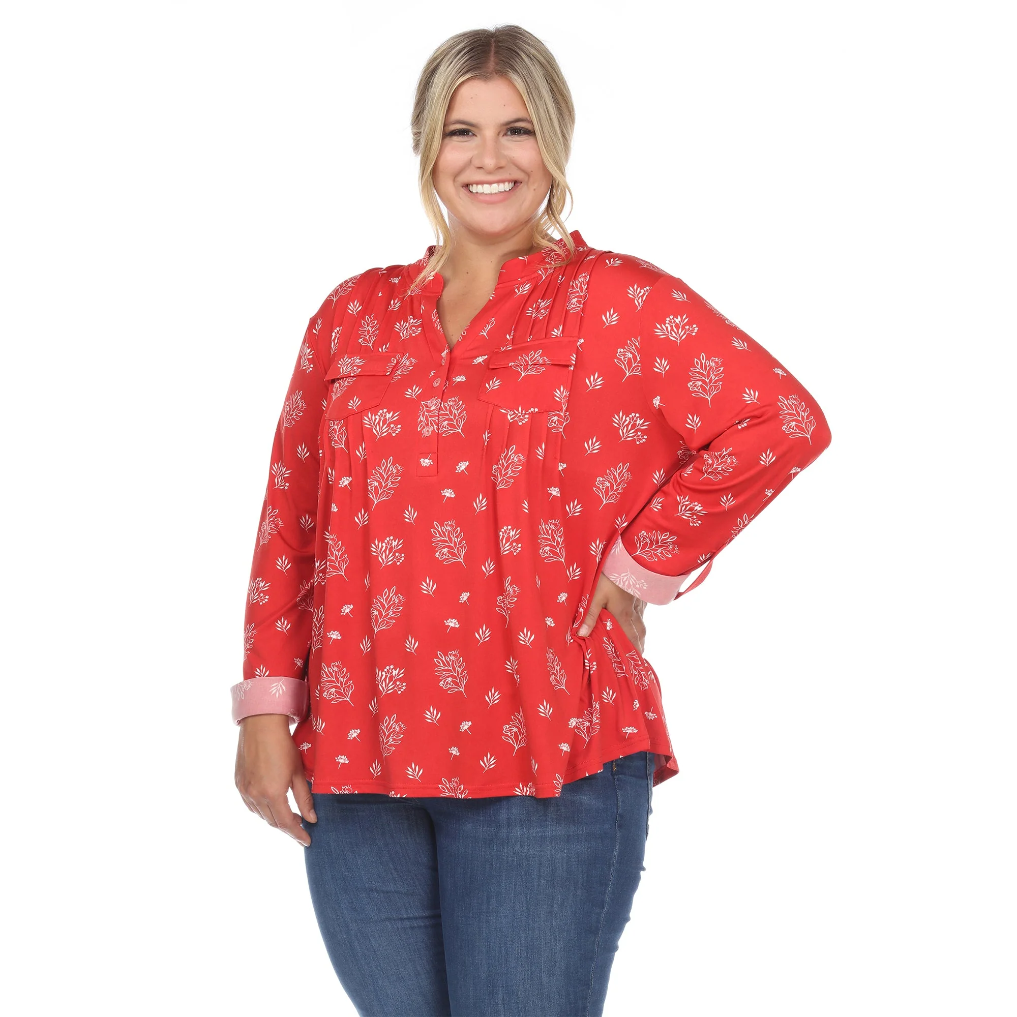 Pleated Long Sleeve Leaf Print Blouse - Plus - Image 16