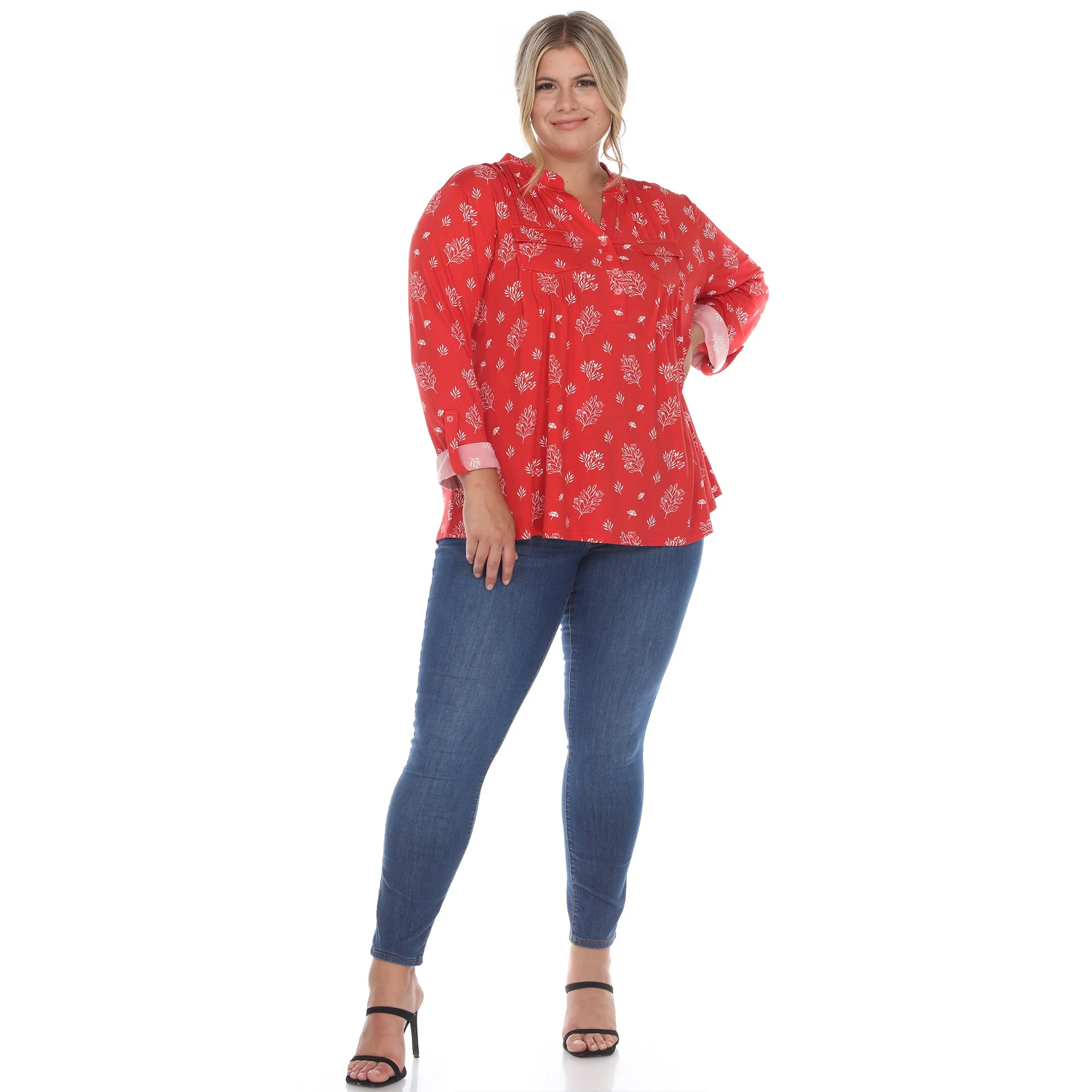 Pleated Long Sleeve Leaf Print Blouse - Plus - Image 19