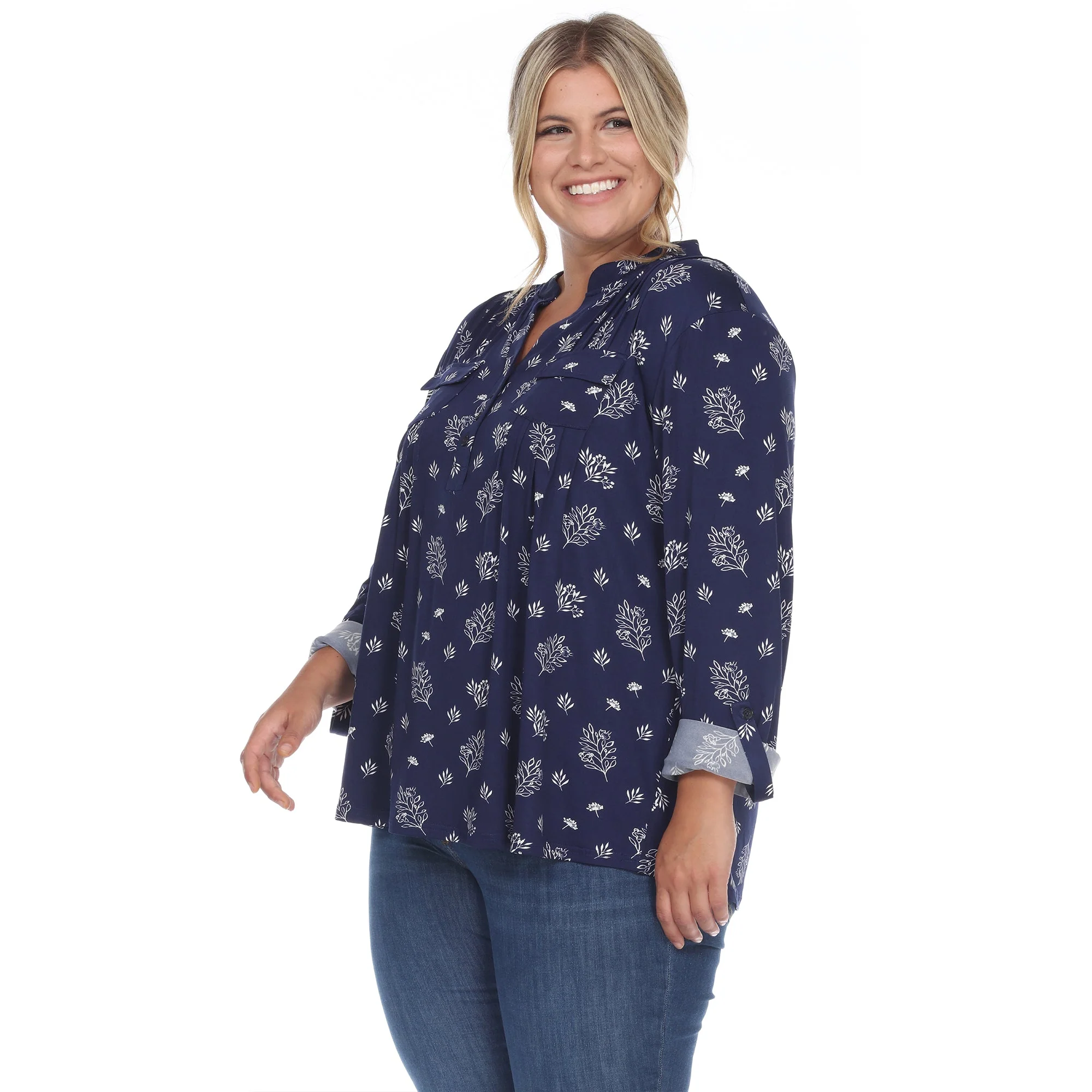 Pleated Long Sleeve Leaf Print Blouse - Plus - Image 7