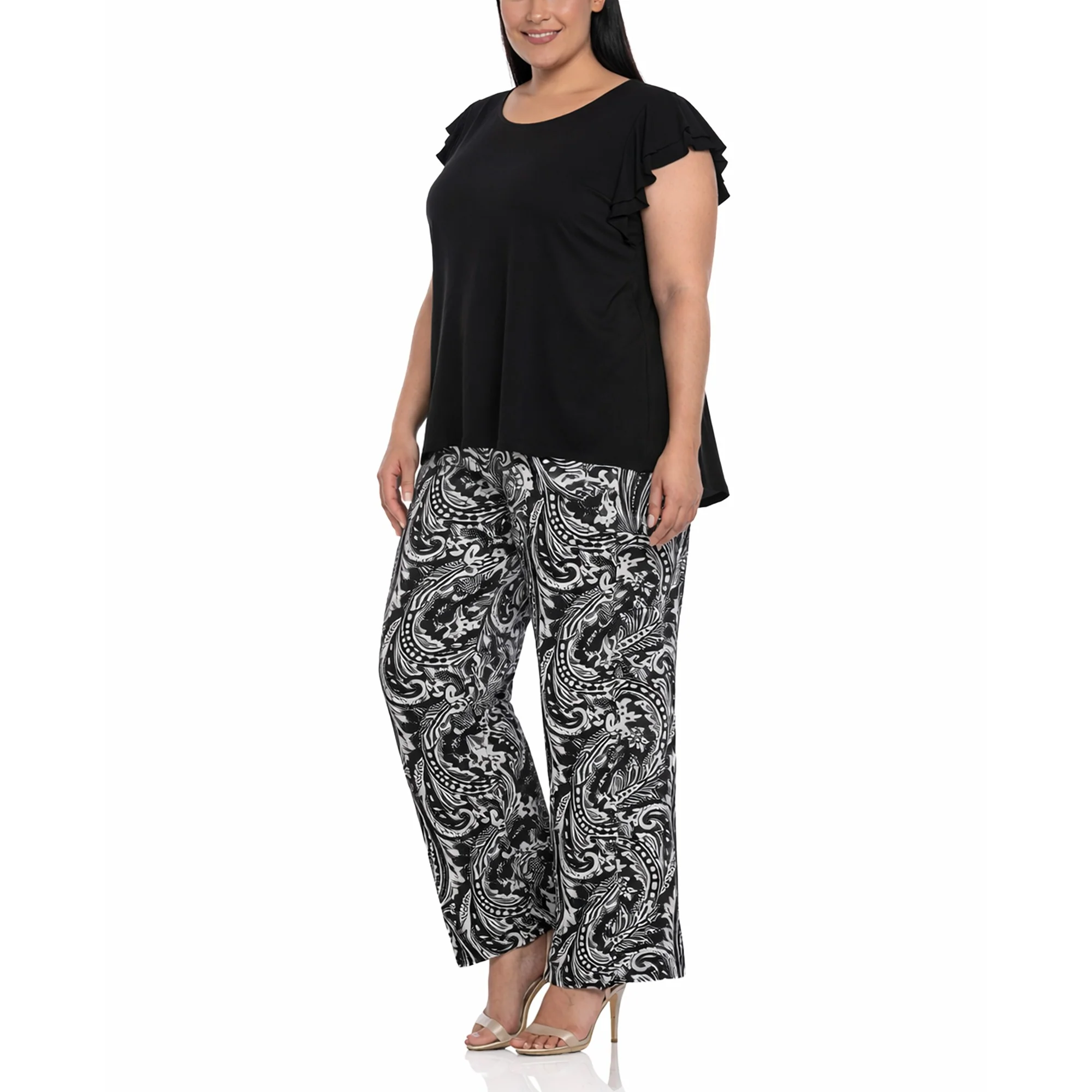 Plus Size Ruffle Sleeve Top & Printed Pant Set - Image 2