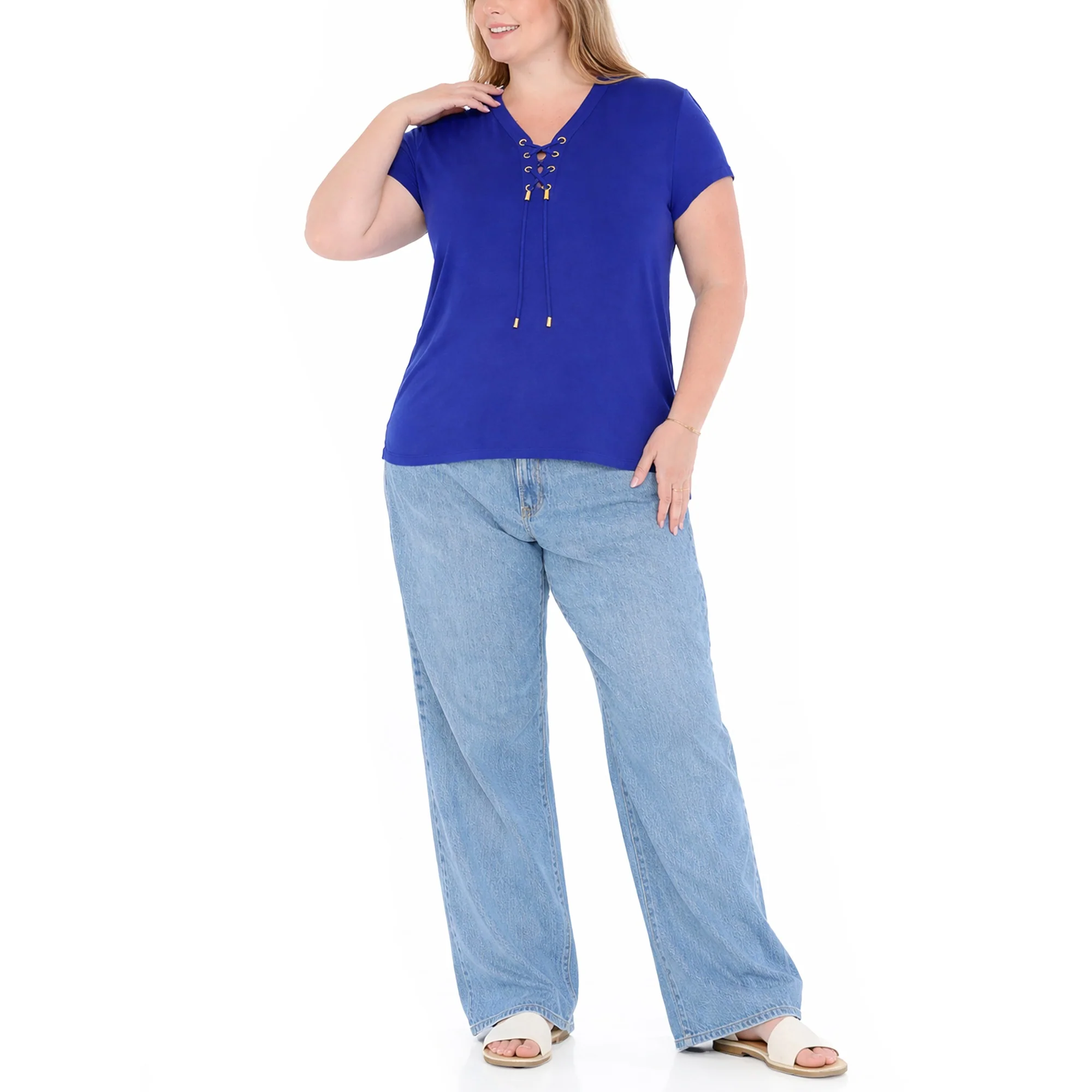 Plus Size V-Neck Front Tie Pullover Top - Image 9