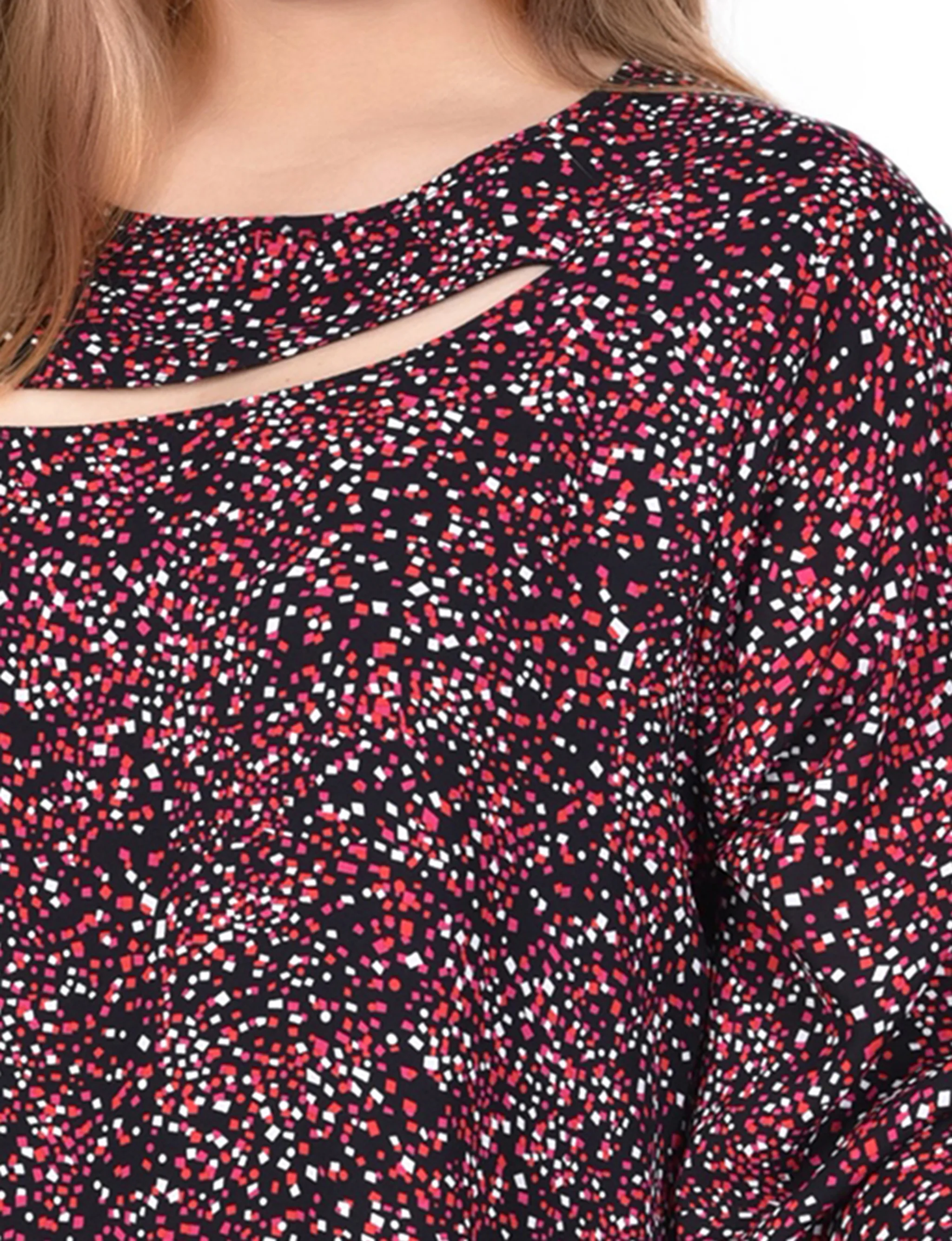 Red Smocked Cuff Blouse With Neckline Cutout - Plus Size - Image 3