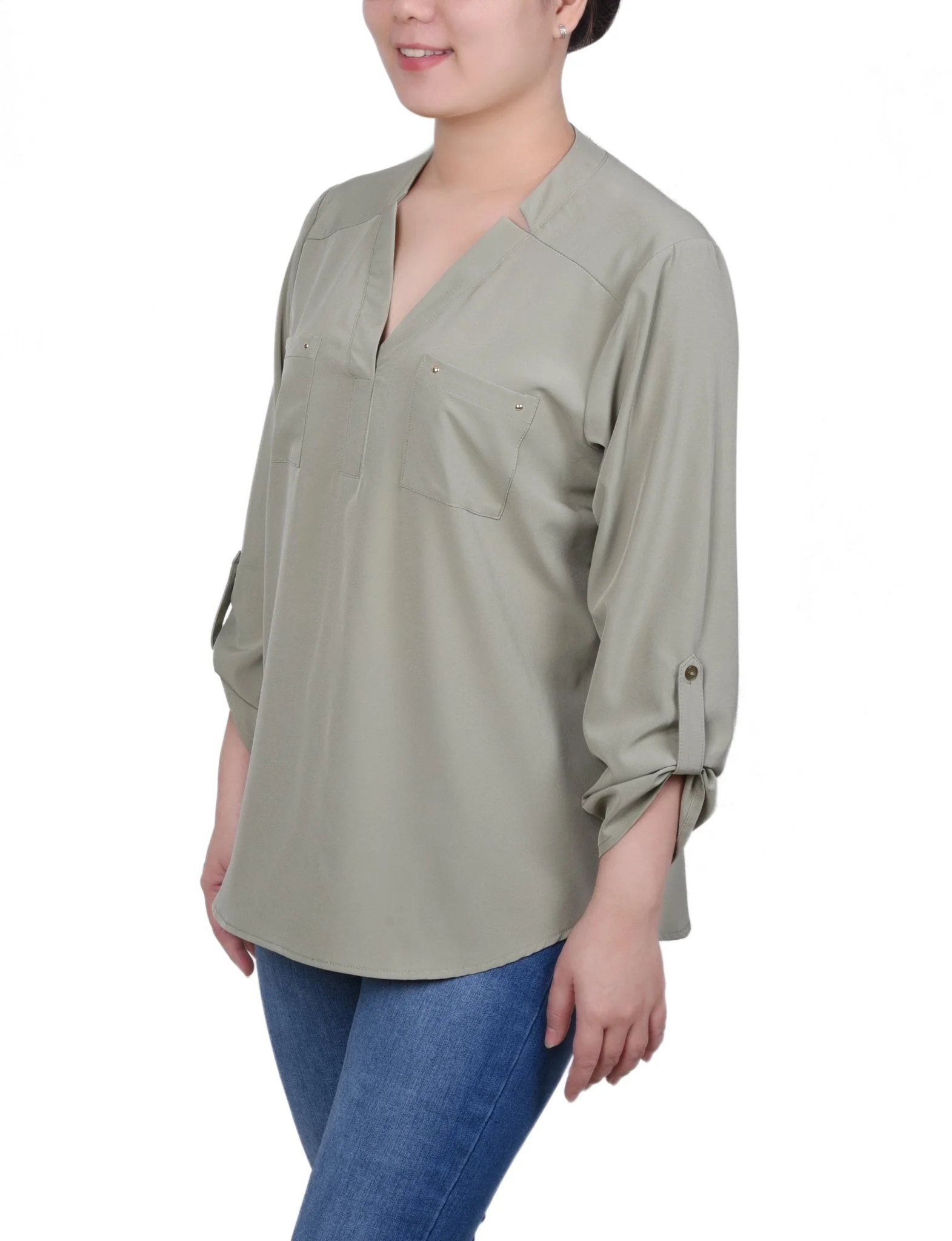 Roll Tab Sleeve Blouse with Pockets - Petite - Image 6