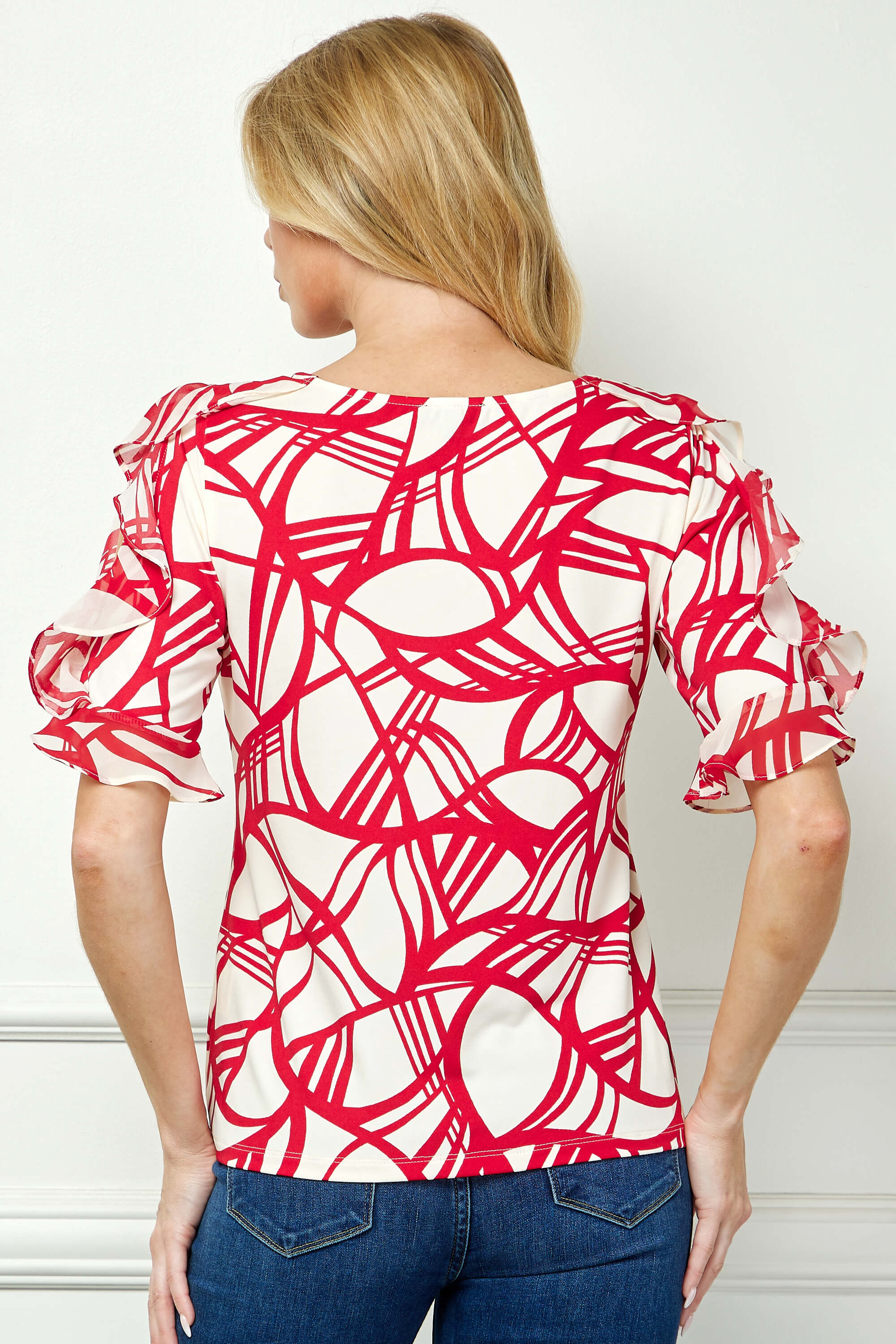 Ruffle Cold Shoulder Boat Neck Blouse in Cream/Red - Image 4
