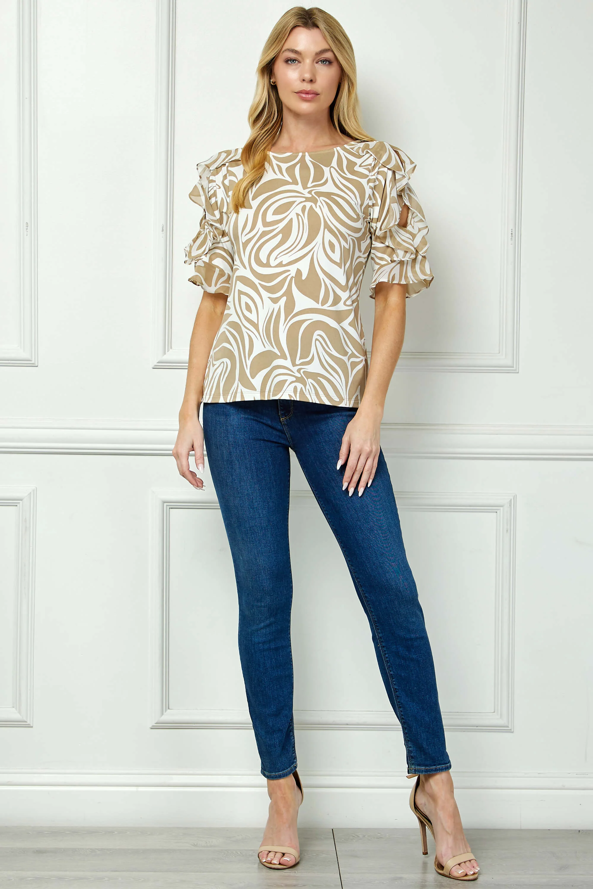 Ruffle Cold Shoulder Scoop Neck Blouse - Beige - Image 4