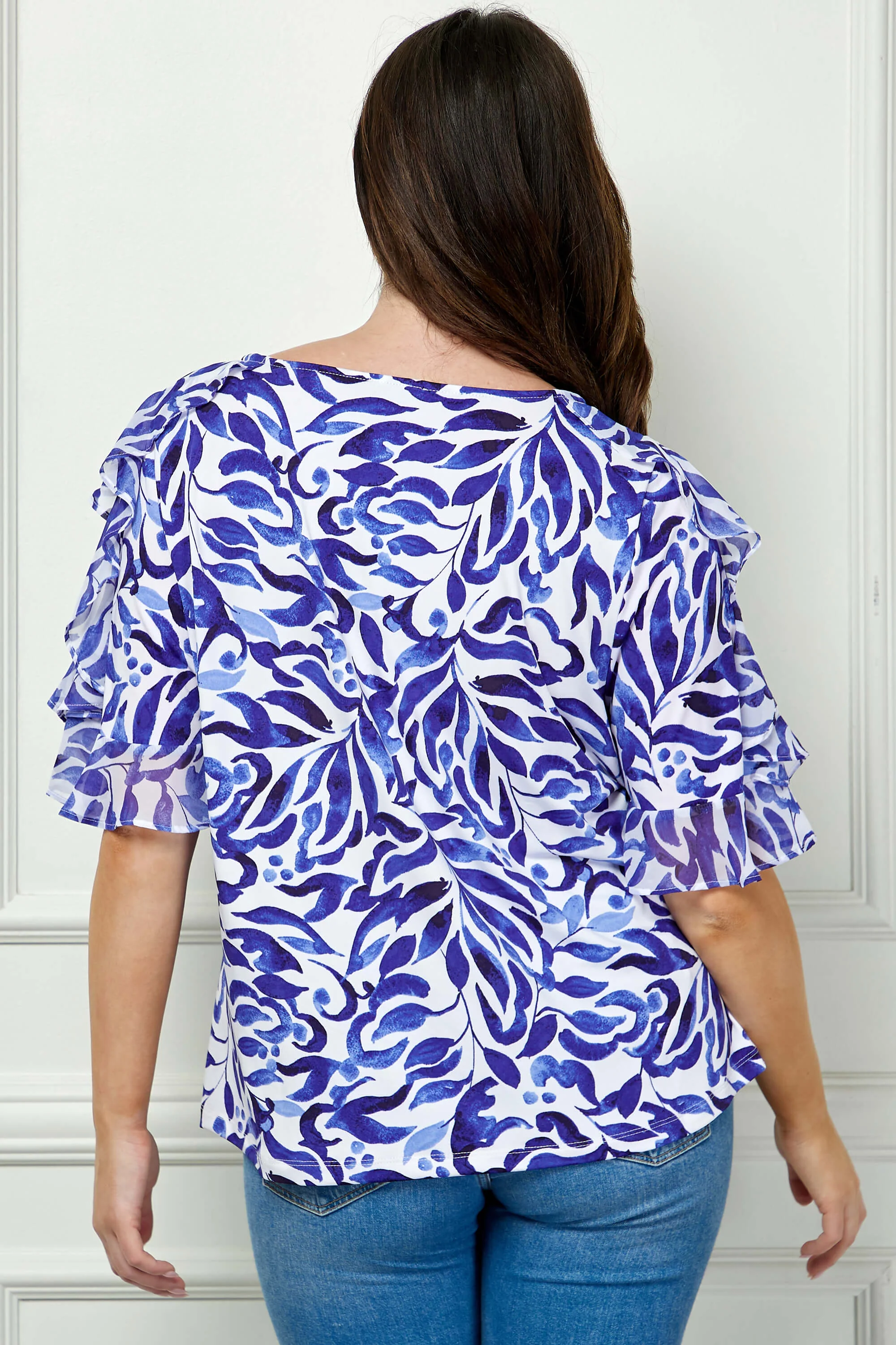 Ruffle Cold Shoulder Scoop Neck Blouse - Plus - Navy - Image 2