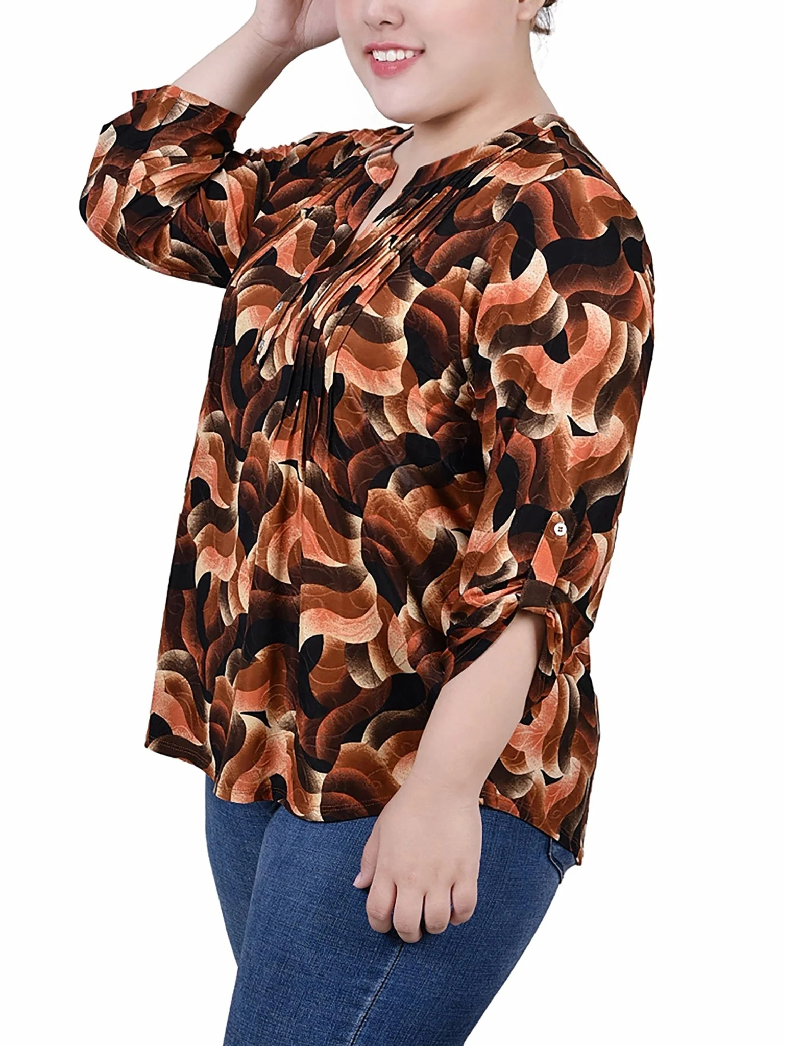 Rust Black Abstract 3/4 Roll Tap Pullover Top - Plus - Image 2