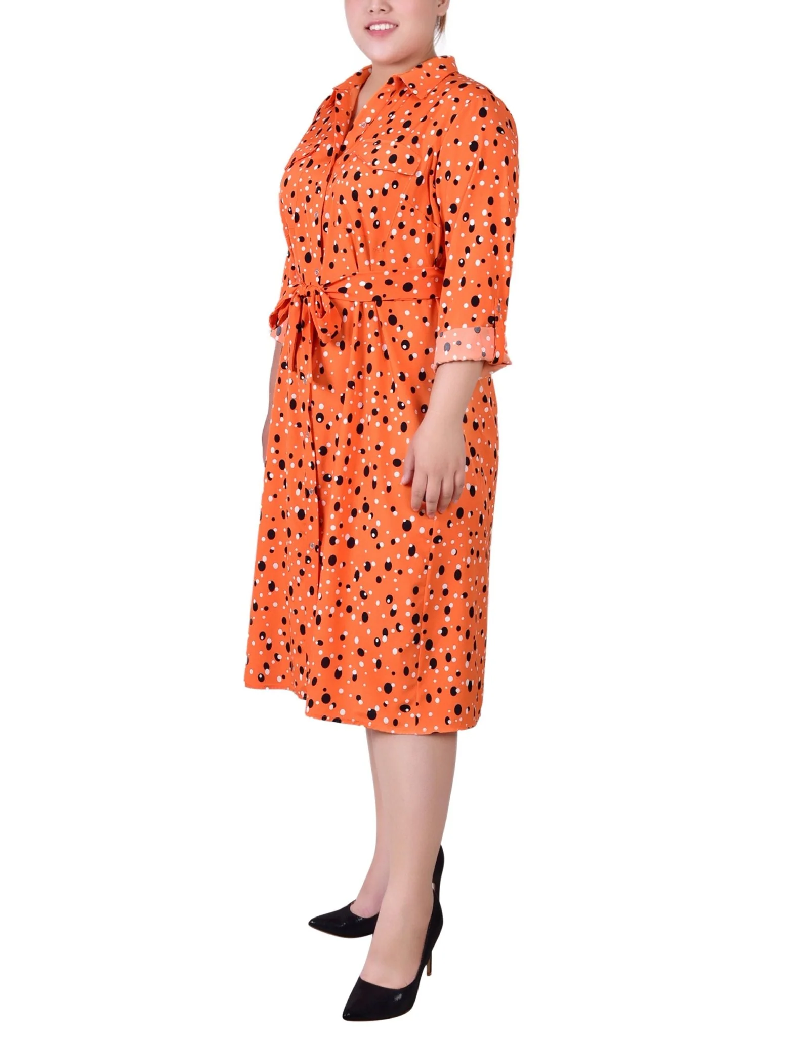 Rust Black Bubble 3/4 Roll Tab Sleeve Belted Shirtdress - Plus - Image 2