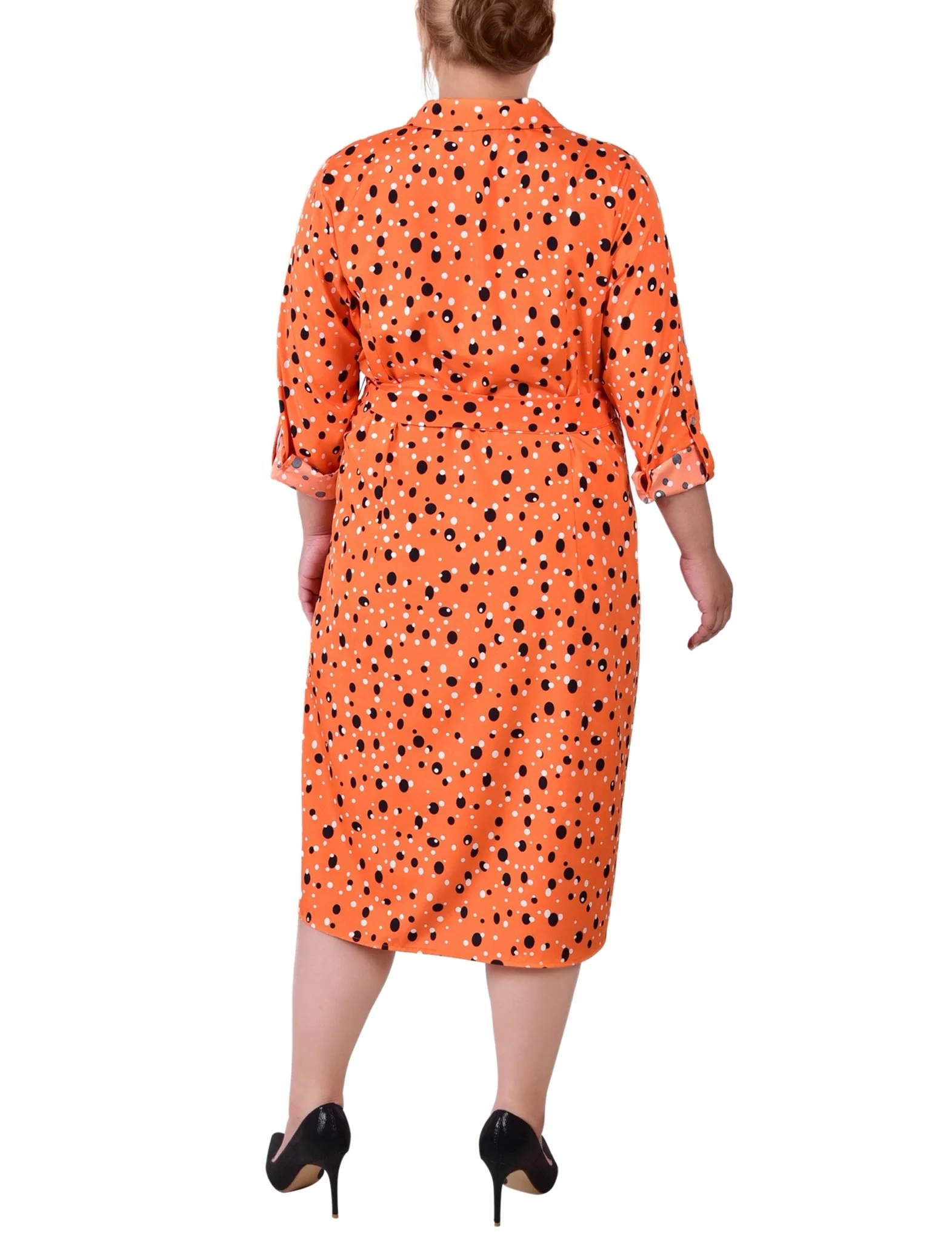 Rust Black Bubble 3/4 Roll Tab Sleeve Belted Shirtdress - Plus - Image 3