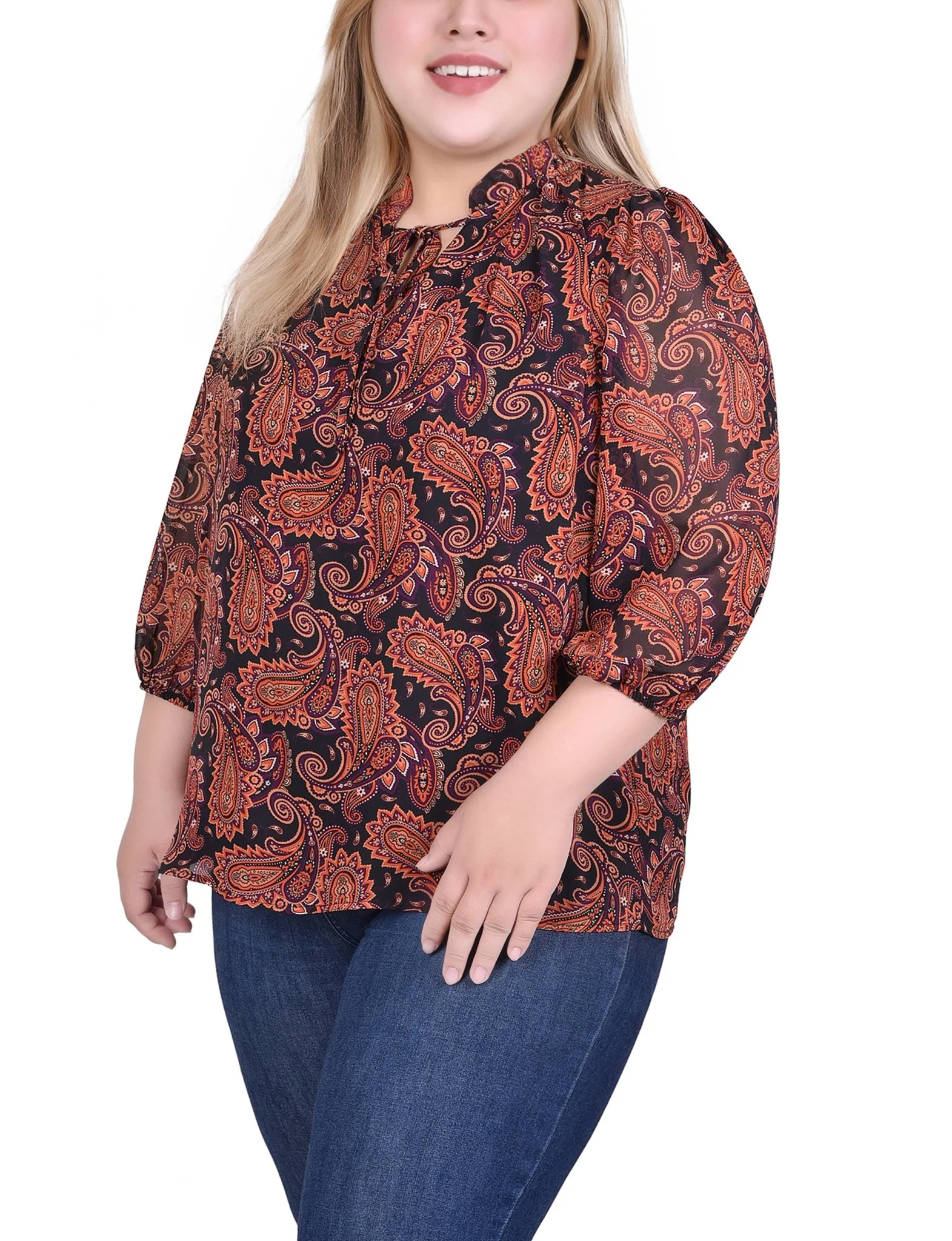 Rust Black Paisley 3/4 Sleeve Chiffon Blouse - Plus - Image 2