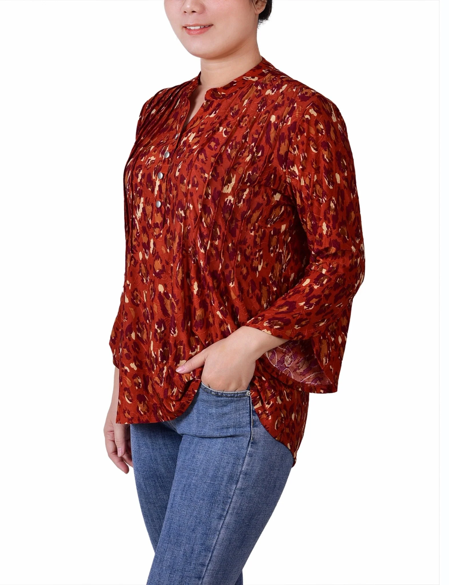 Rust Gold Purple 3/4 Sleeve Overlapped Bell Sleeve Y Neck Top - Petite - Image 2