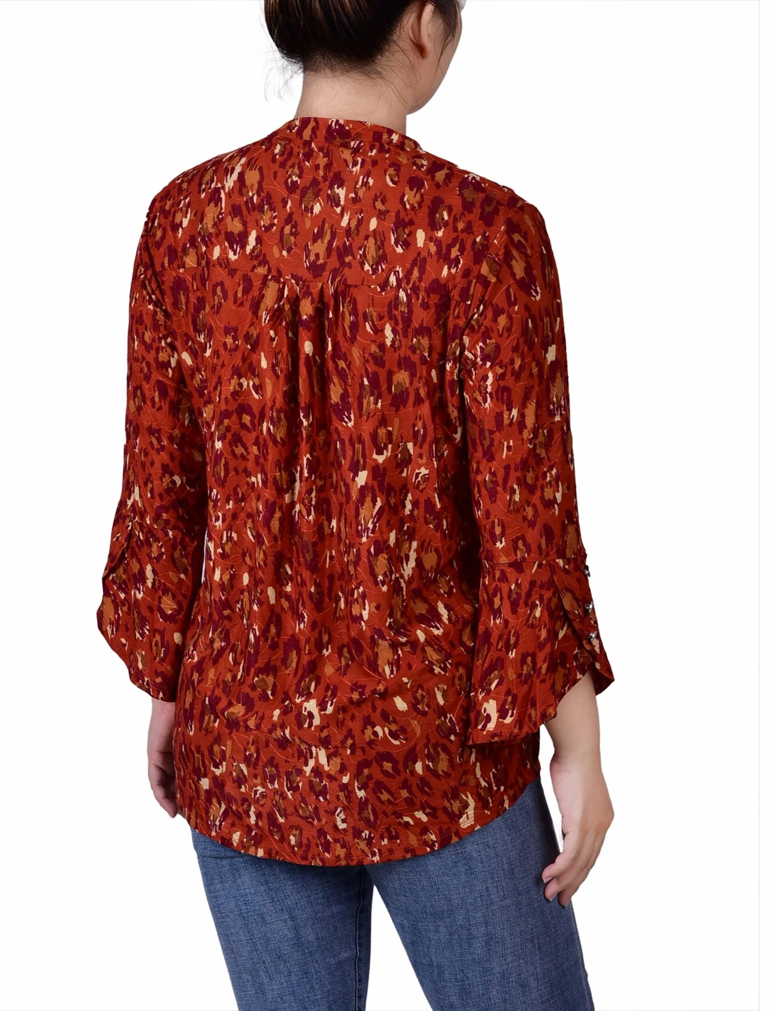 Rust Gold Purple 3/4 Sleeve Overlapped Bell Sleeve Y Neck Top - Petite - Image 4