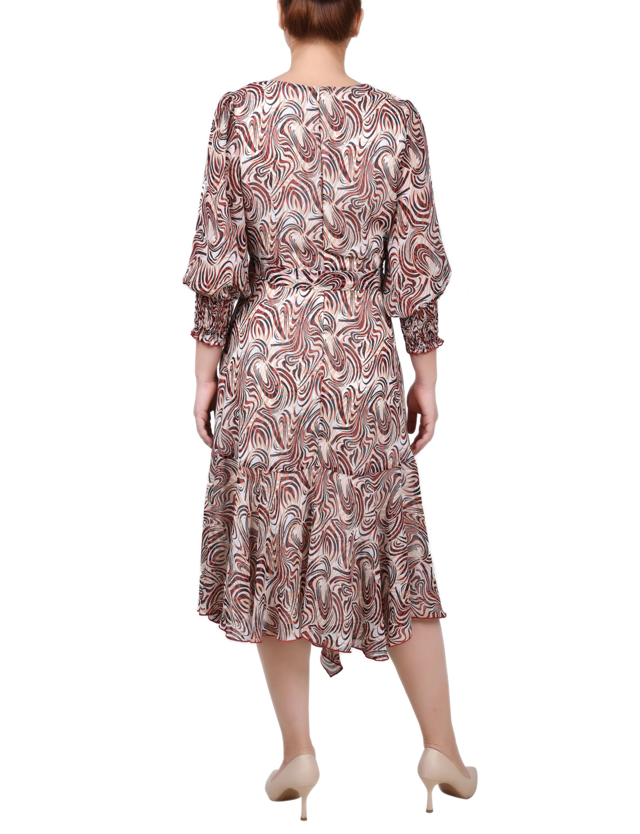 Rust Groovy Waves 3/4 Sleeve Belted Chiffon Hankerchief Hem Dress - Image 3