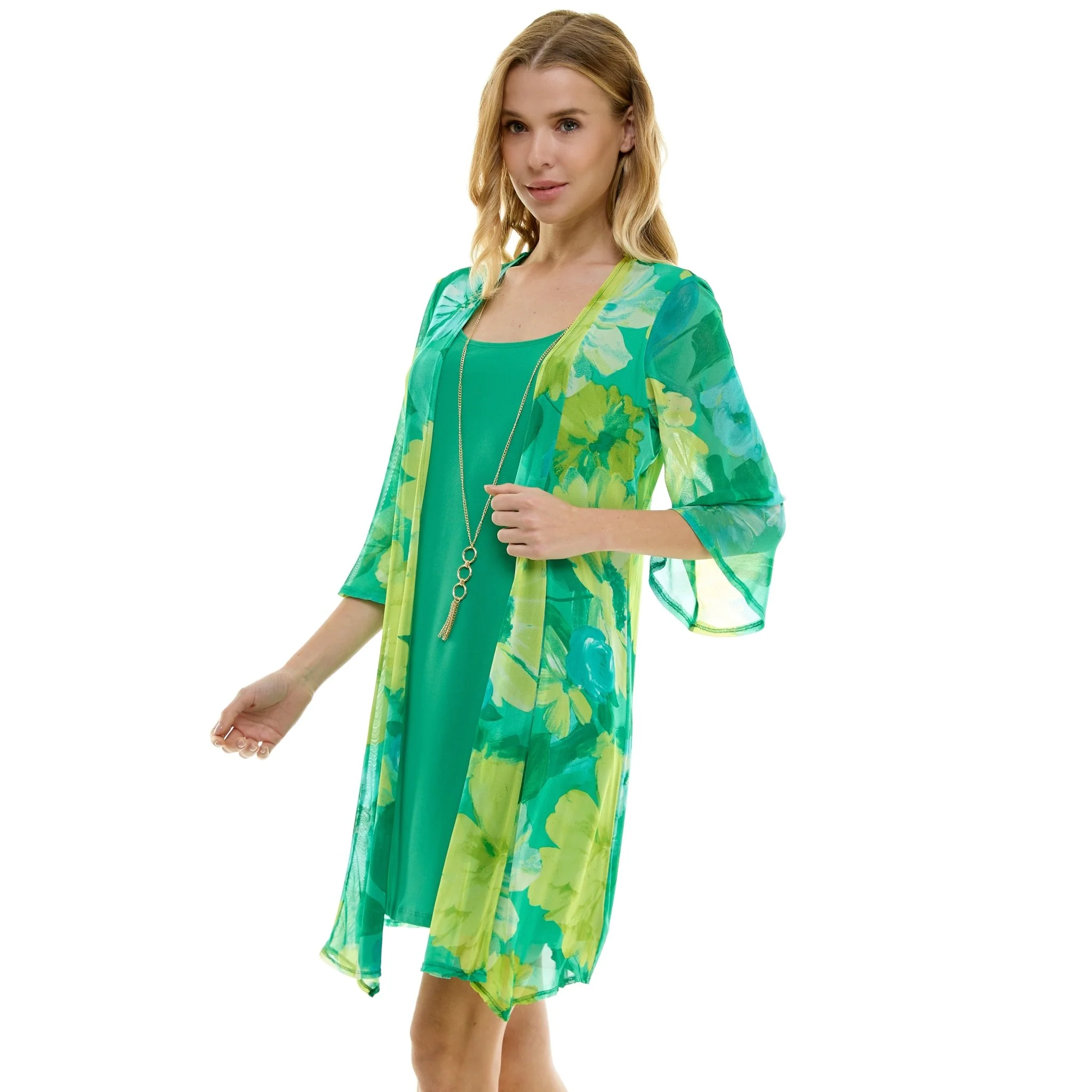 Sara Michelle Green Floral 3/4 2Fer Tank Dress W/ Necklace - Image 4