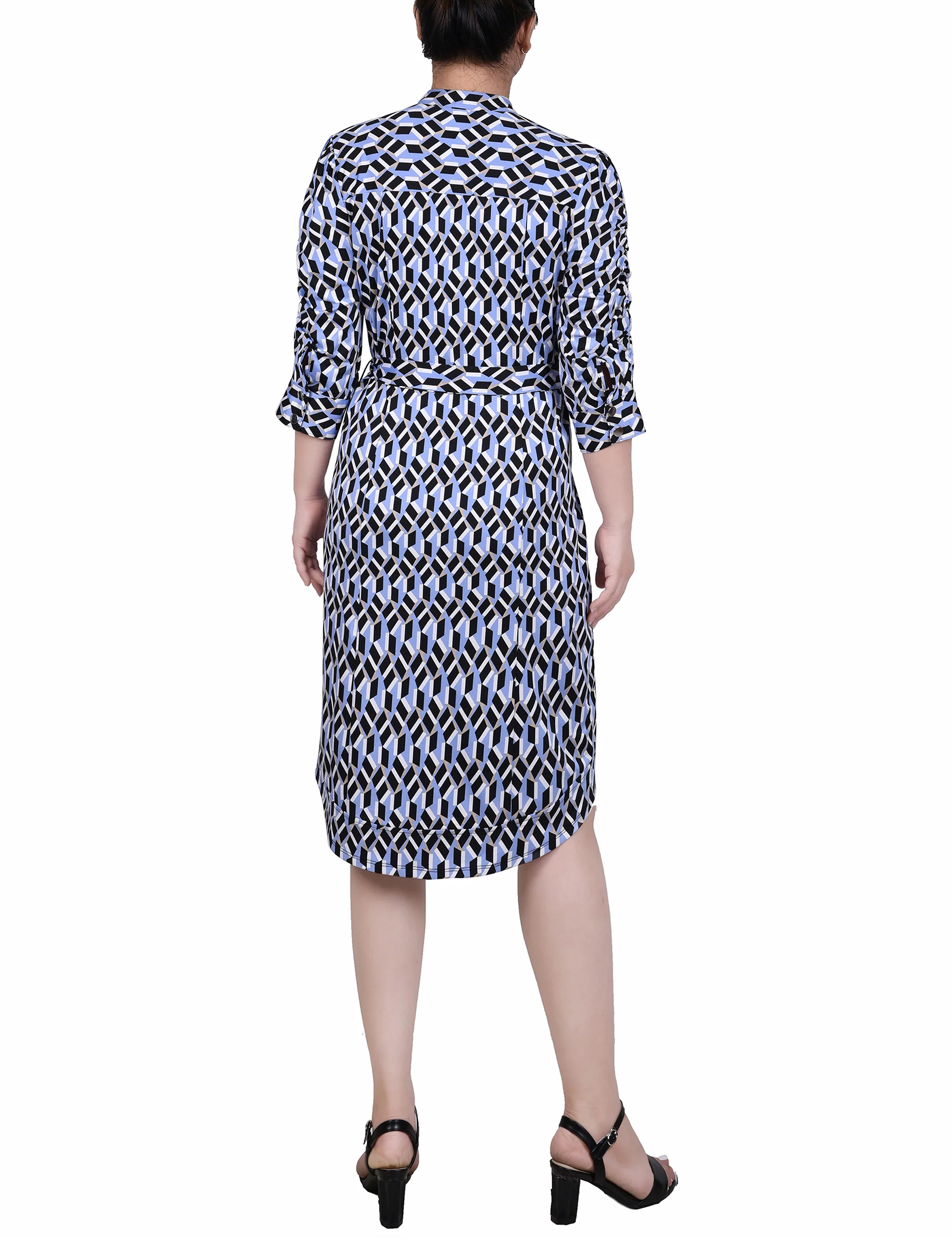 Serenity Blue Cubicrain Elbow Sleeve Y Neck Dress - Image 3