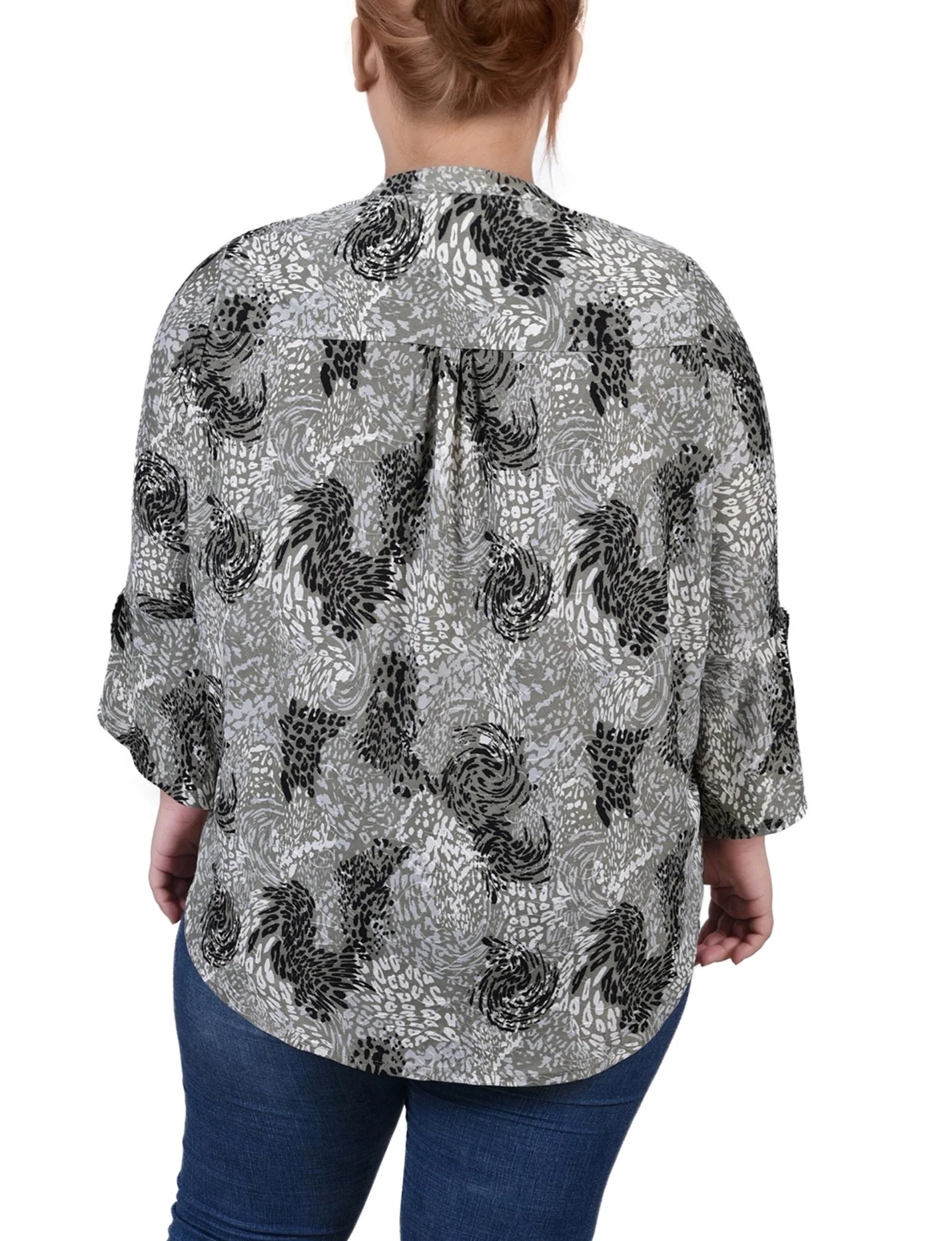 Shadow Black Animal 3/4 Sleeve Overlapped Bell Sleeve Y Neck Top - Plus - Image 4