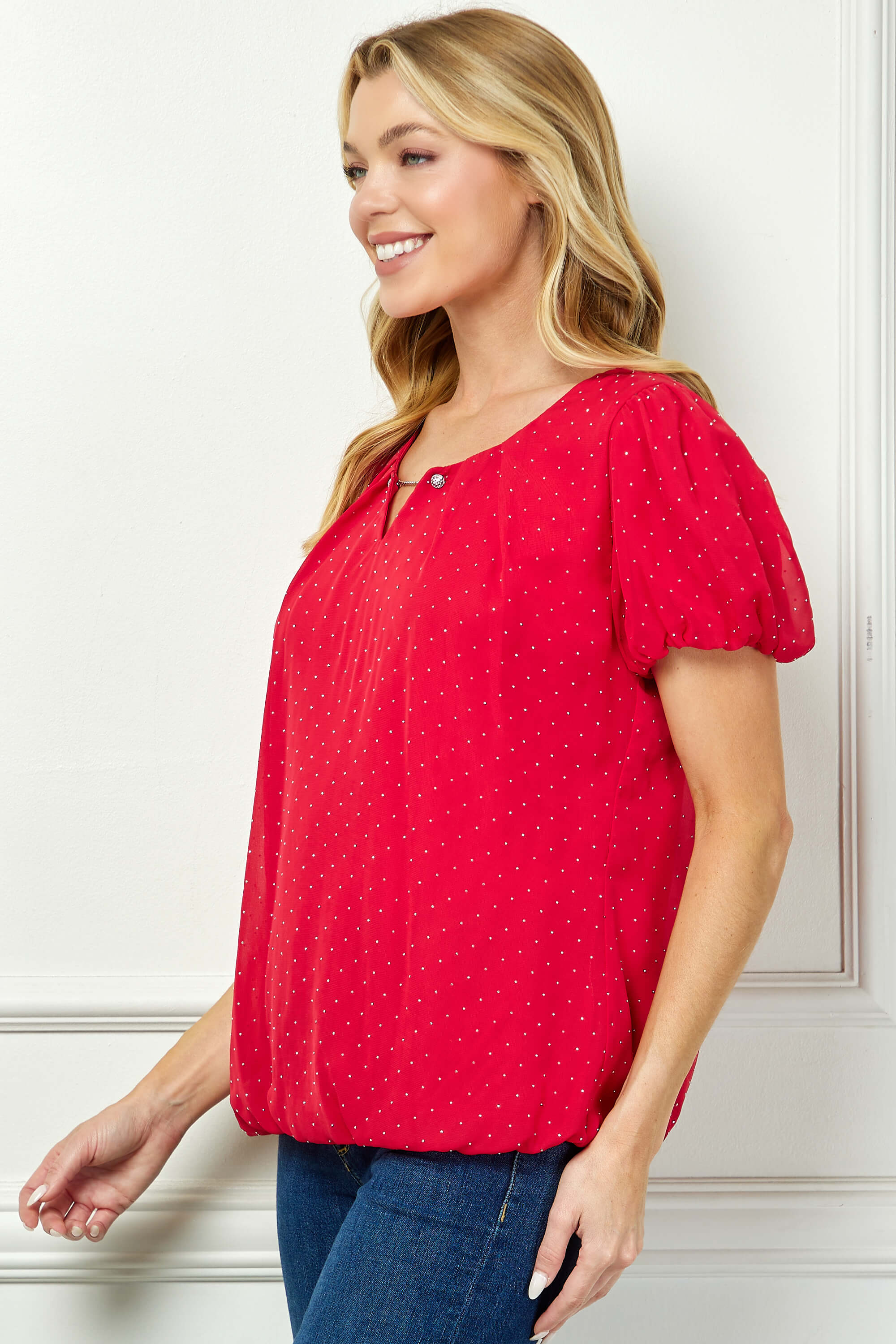 Short Puff Sleeve Cutout Neck Bubble Blouse in Red - Image 3